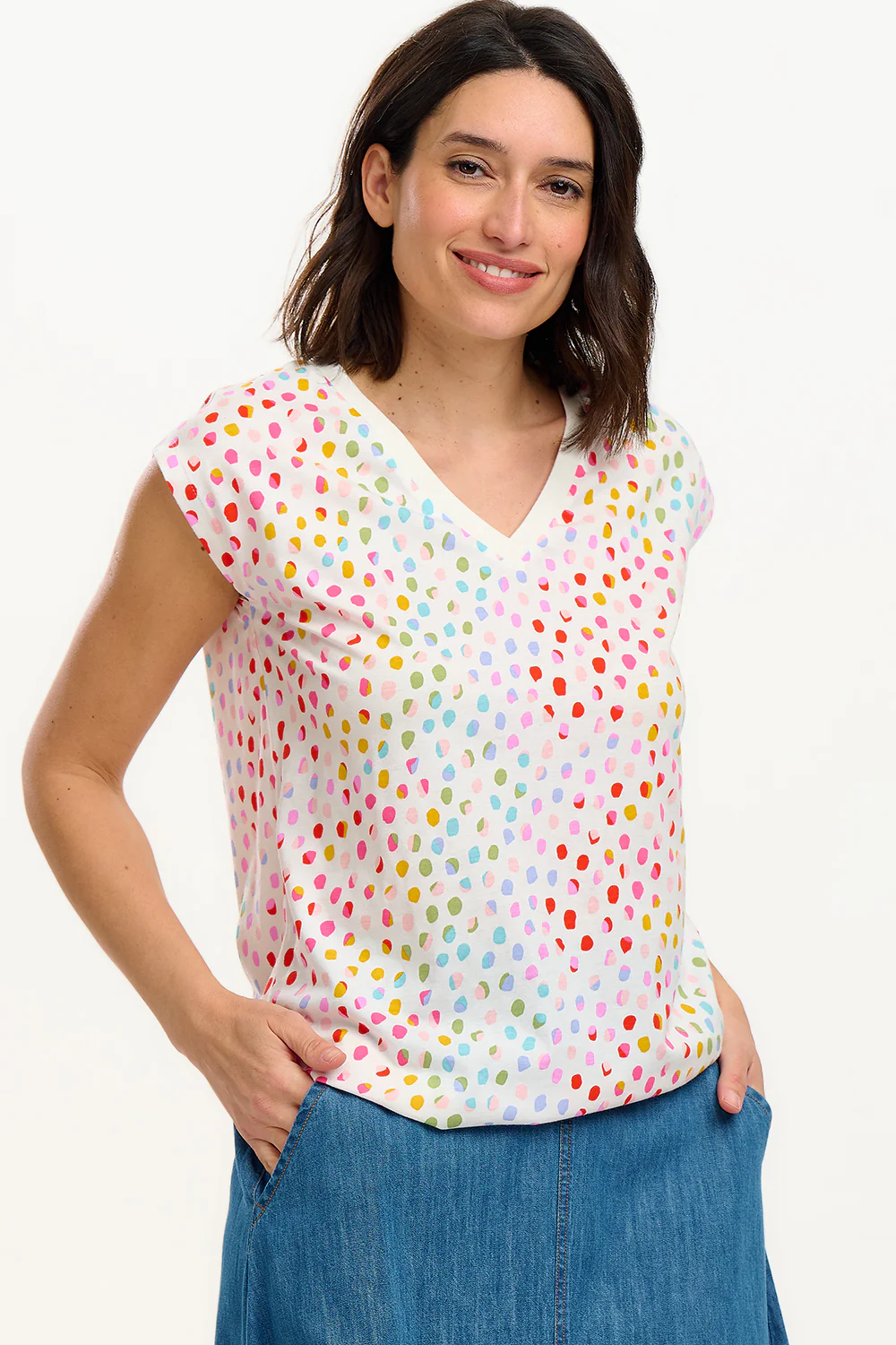 Ariana V-Neck Tank T-Shirt - White, Rainbow Pebbles - Image 3