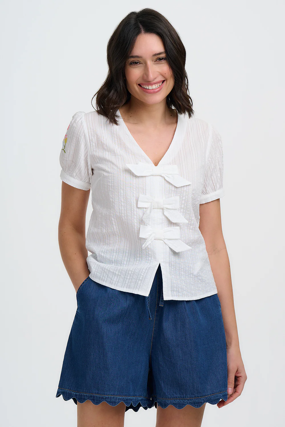 Adaline Bow Top - Off White, Folk Floral - Image 3