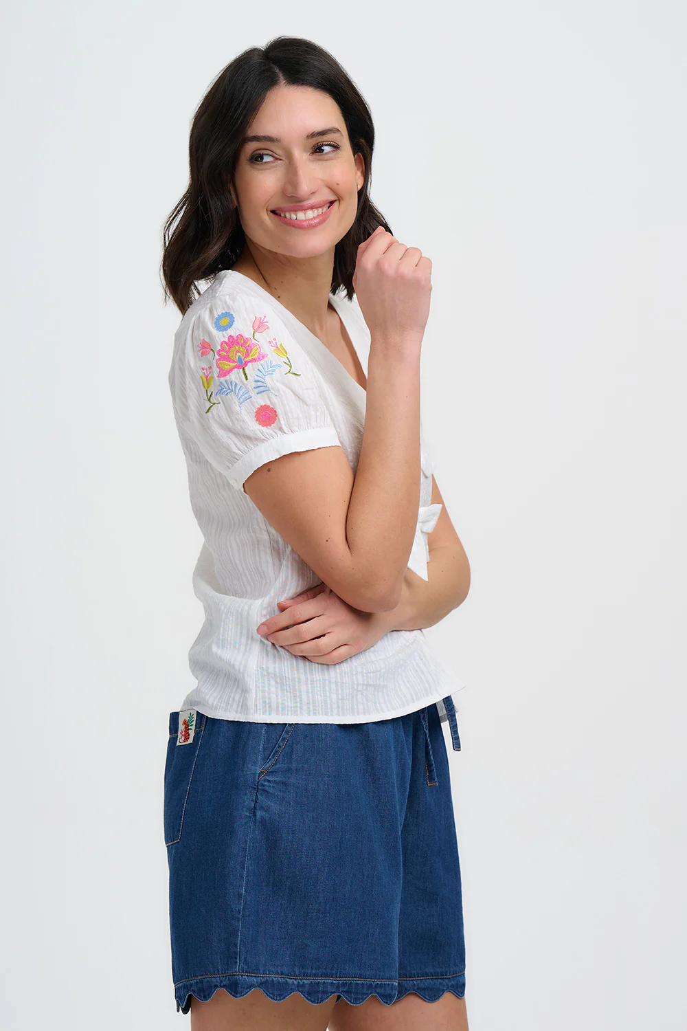 Adaline Bow Top - Off White, Folk Floral - Image 4