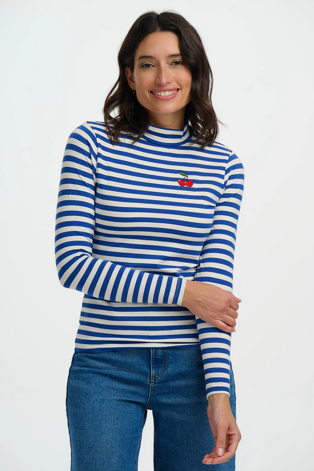 Annika Turtleneck Jersey Top - Off White/Blue, Cherry - Image 3