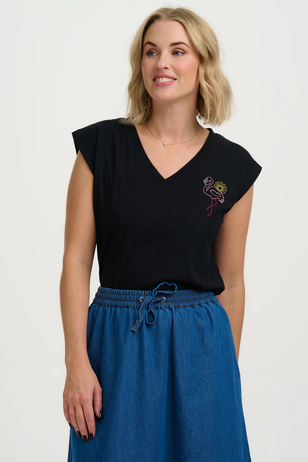 Ariana V-Neck Tank T-Shirt - Black, Flamingo Sun - Image 3