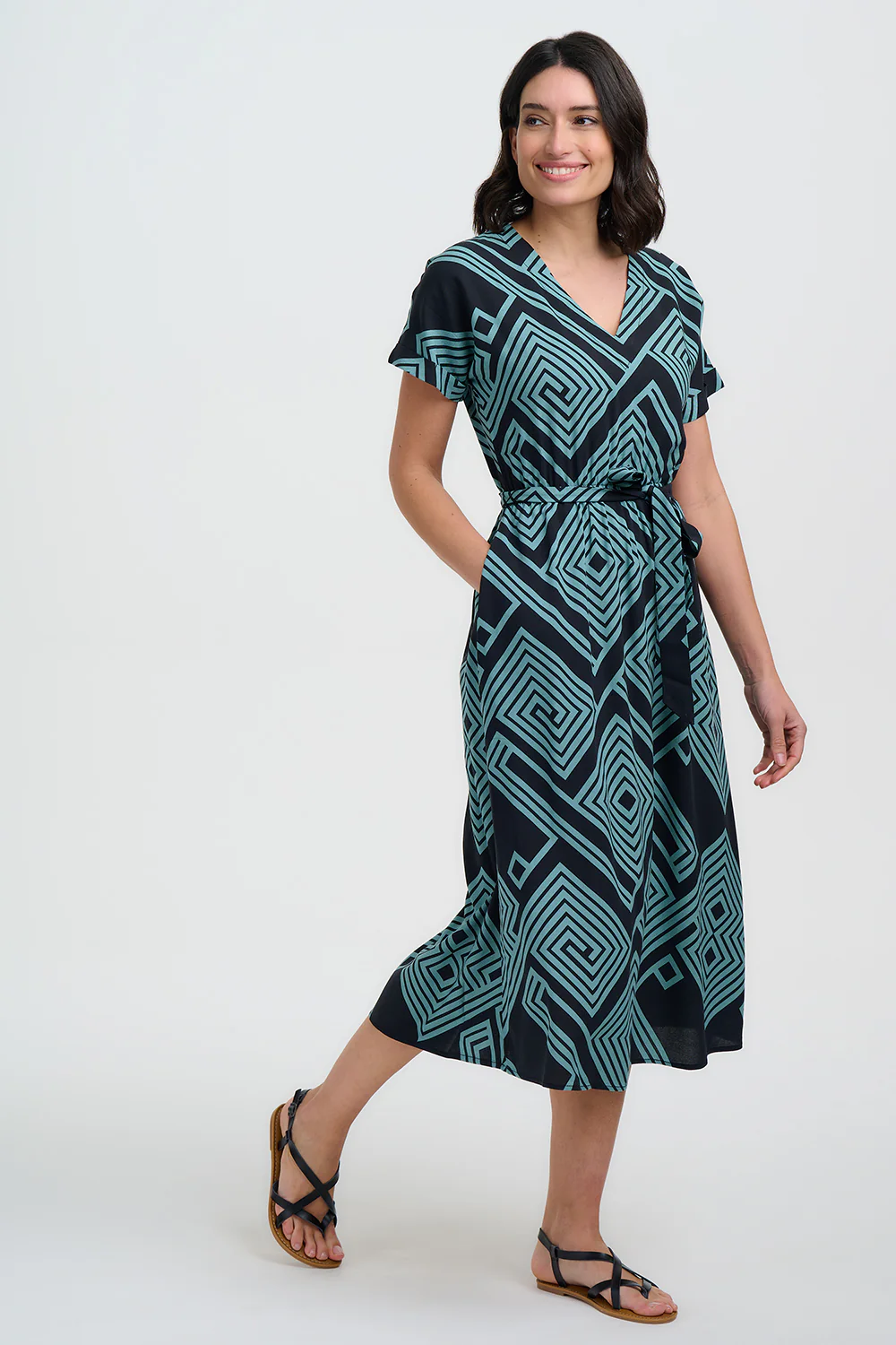 Bethan Midi Dress - Black/Green, Geometric Lines - Image 2