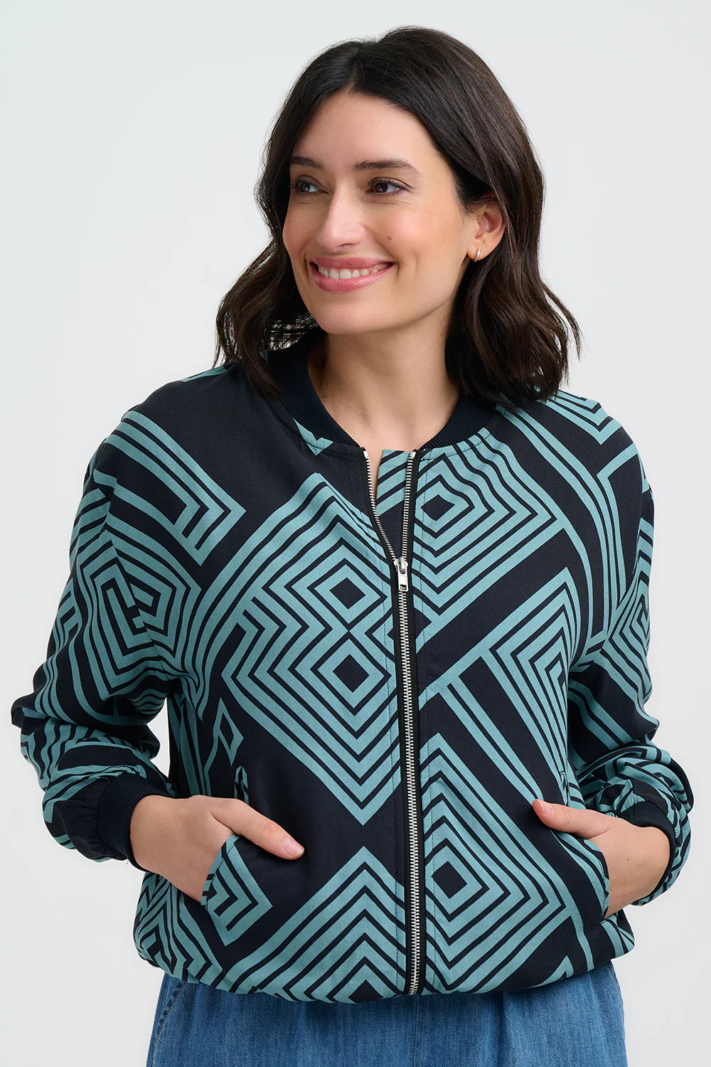Bobbi Bomber Jacket - Black/Green, Geometric Lines