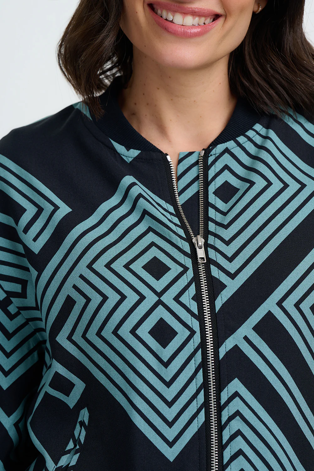 Bobbi Bomber Jacket - Black/Green, Geometric Lines - Image 2
