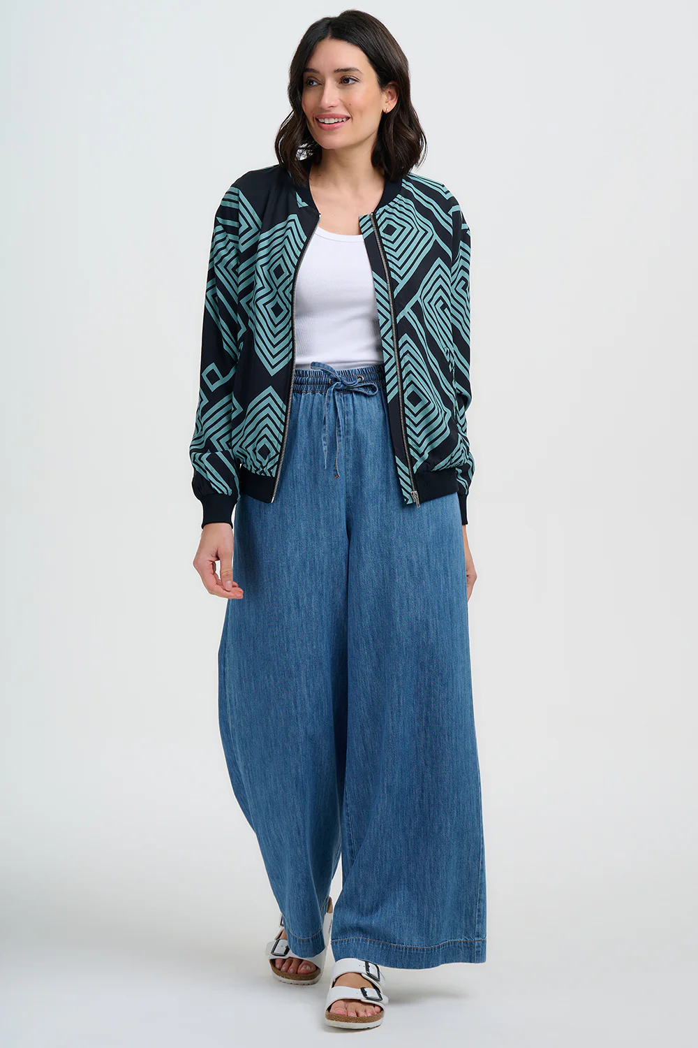 Bobbi Bomber Jacket - Black/Green, Geometric Lines - Image 3