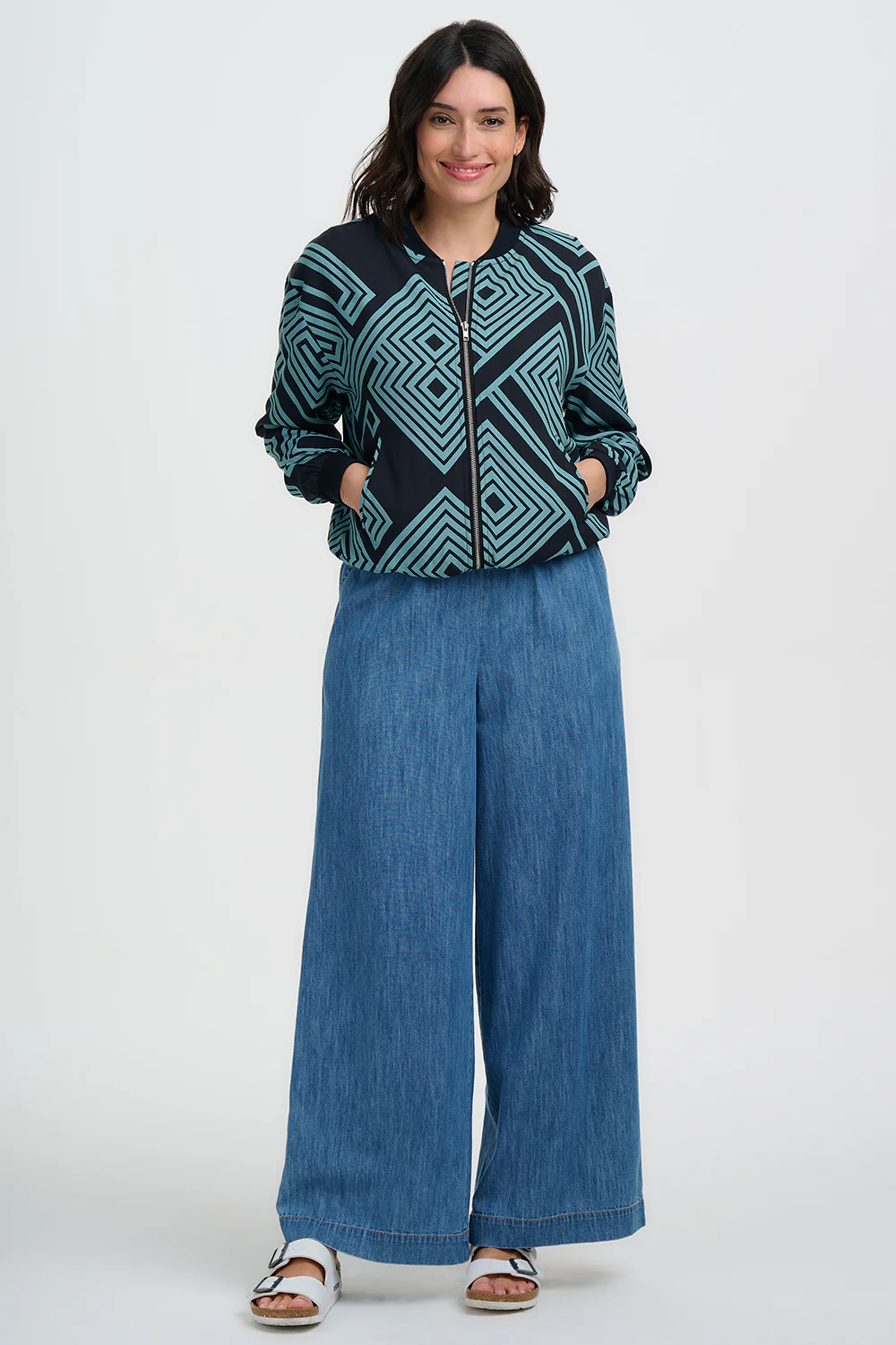 Bobbi Bomber Jacket - Black/Green, Geometric Lines - Image 4