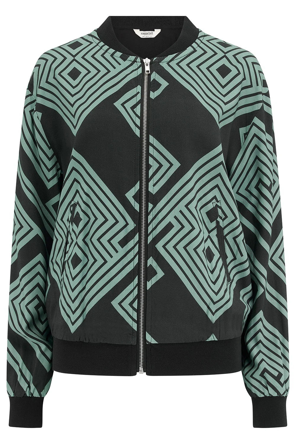 Bobbi Bomber Jacket - Black/Green, Geometric Lines - Image 6