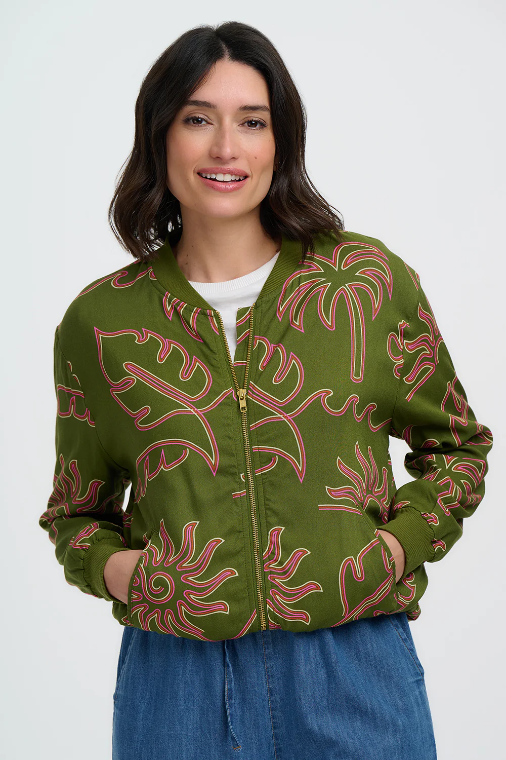 Bobbi Bomber Jacket - Khaki, Tropical Line Drawing - Image 2