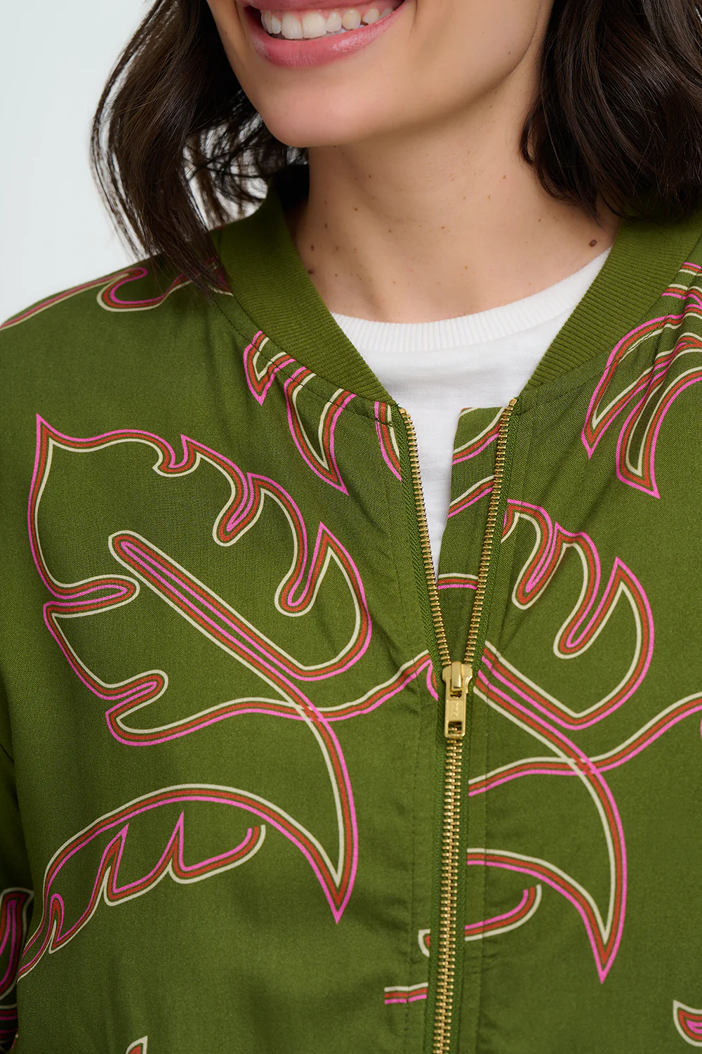 Bobbi Bomber Jacket - Khaki, Tropical Line Drawing - Image 3