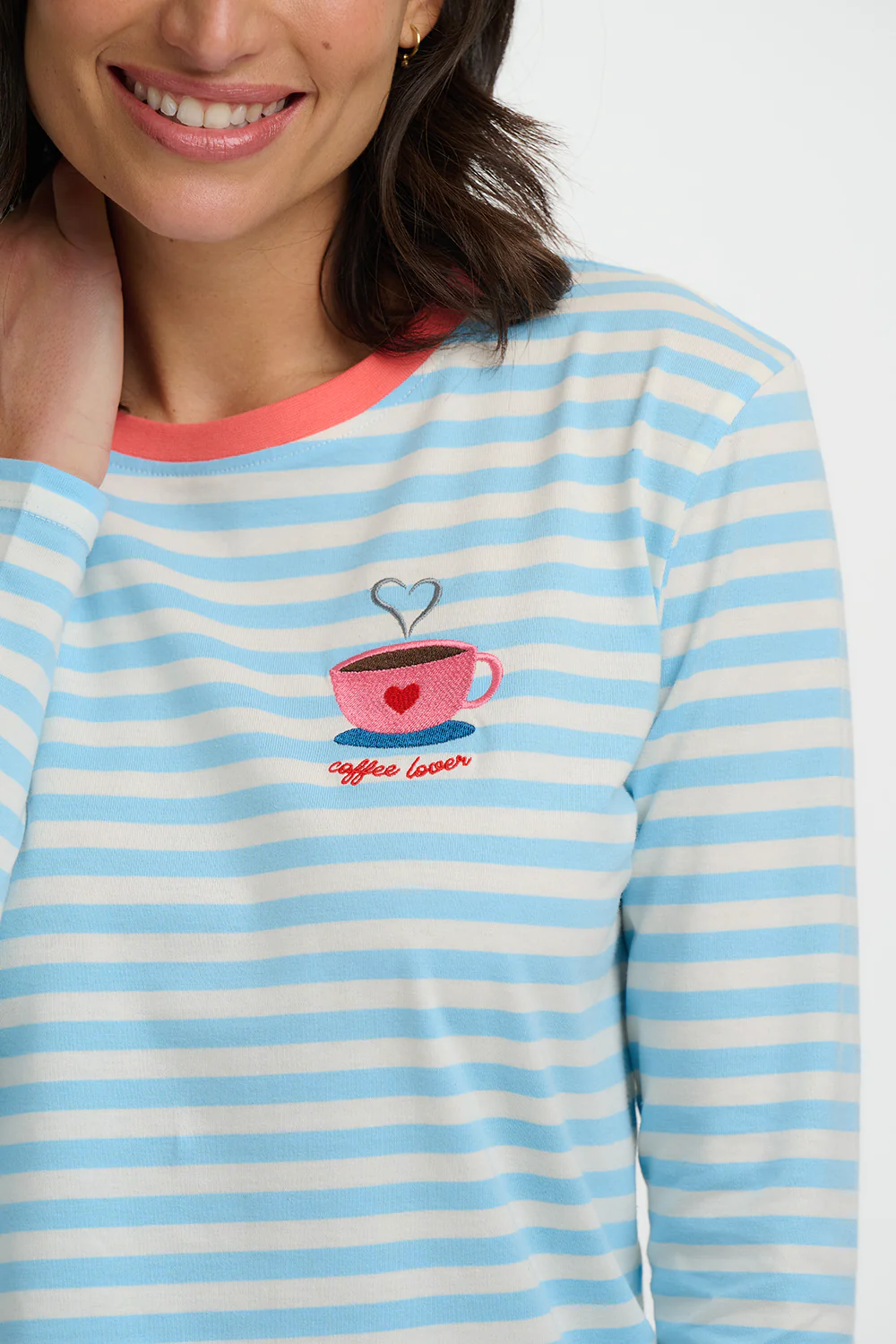 Brunswick Jersey Top - Off White/Blue, Coffee Cup - Image 3
