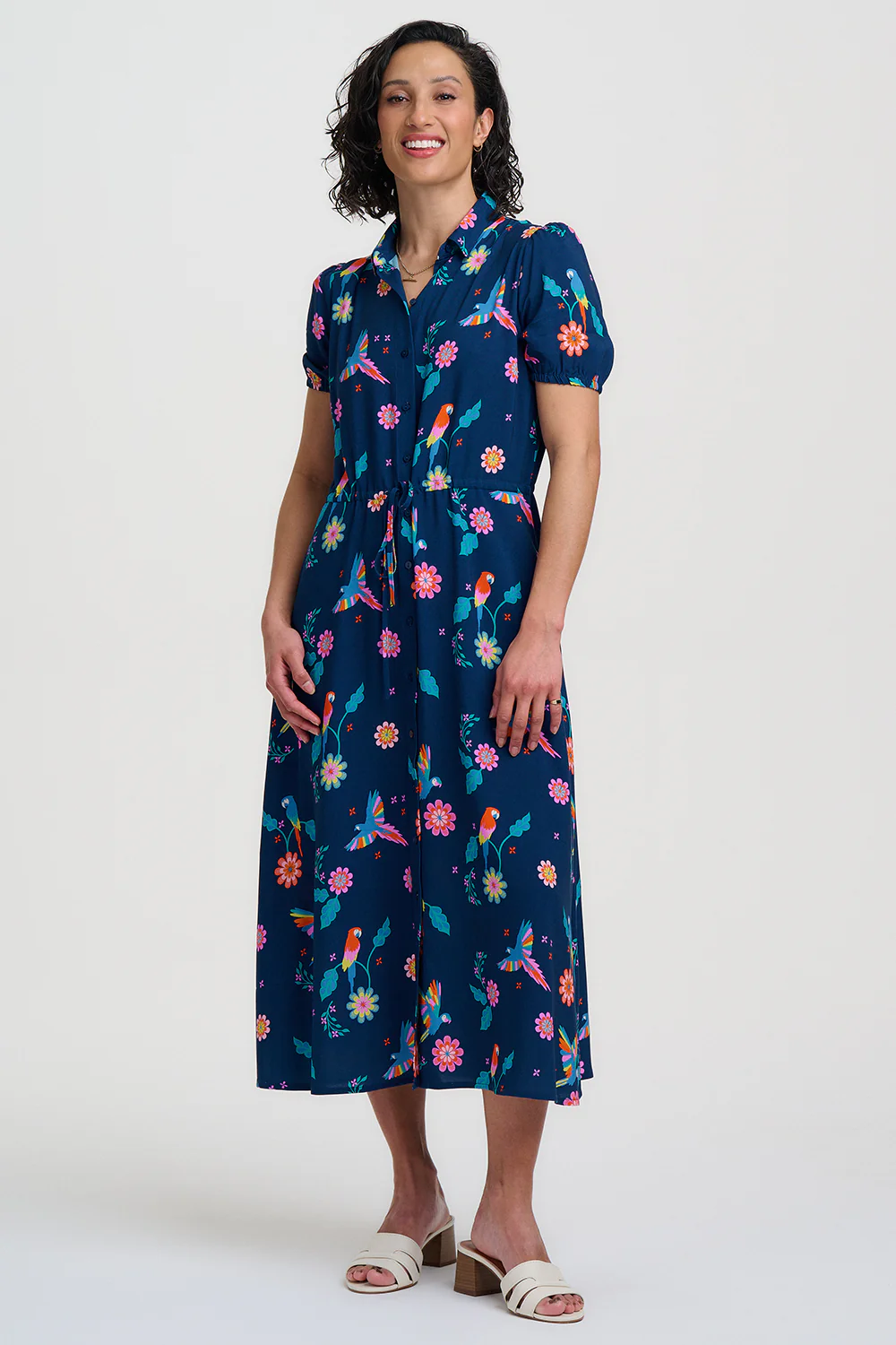 Cassandra Midi Shirt Dress - Teal, Parrot Floral - Image 3