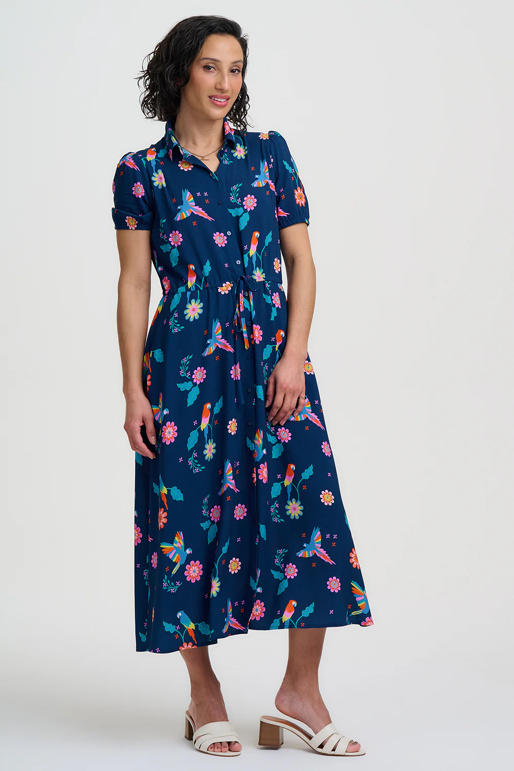 Cassandra Midi Shirt Dress - Teal, Parrot Floral - Image 5