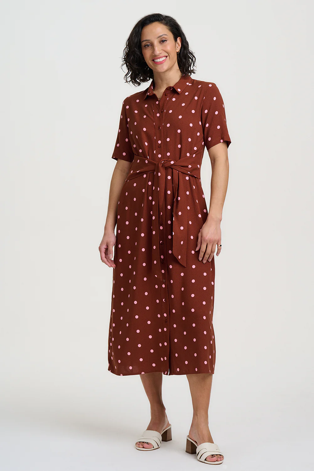 Celeste Midi Shirt Dress - Brown, Pink Polka - Image 4