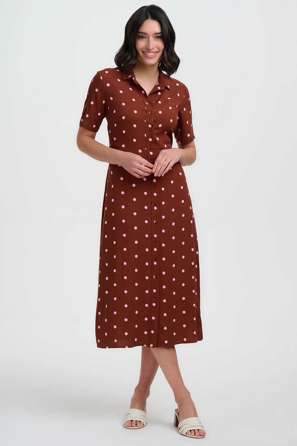 Celeste Midi Shirt Dress - Brown, Pink Polka - Image 6