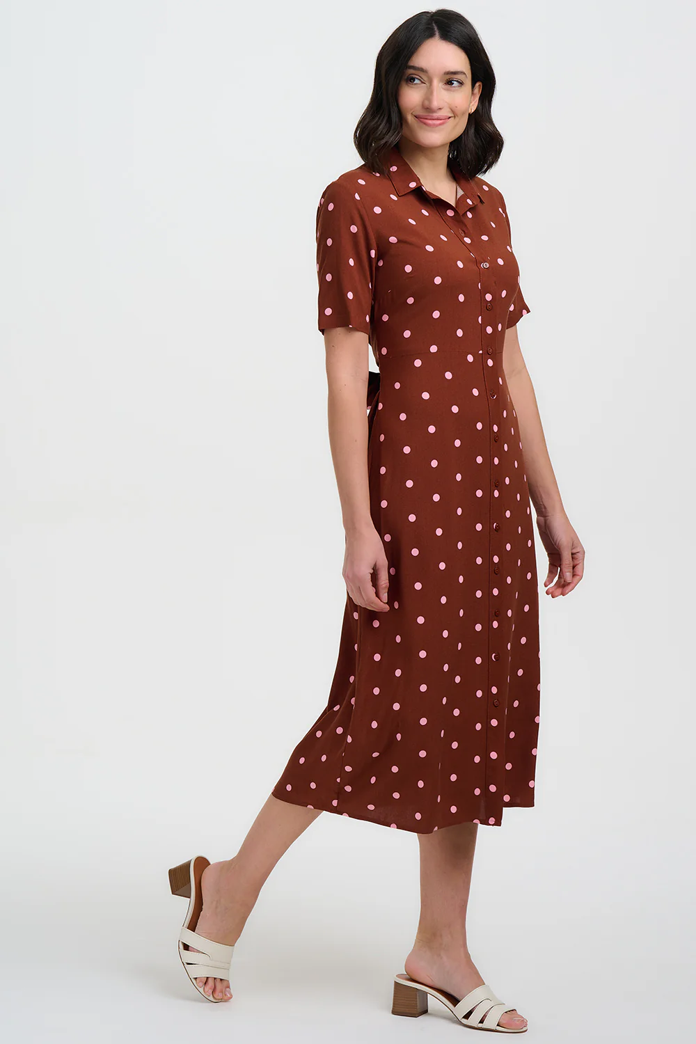 Celeste Midi Shirt Dress - Brown, Pink Polka - Image 7