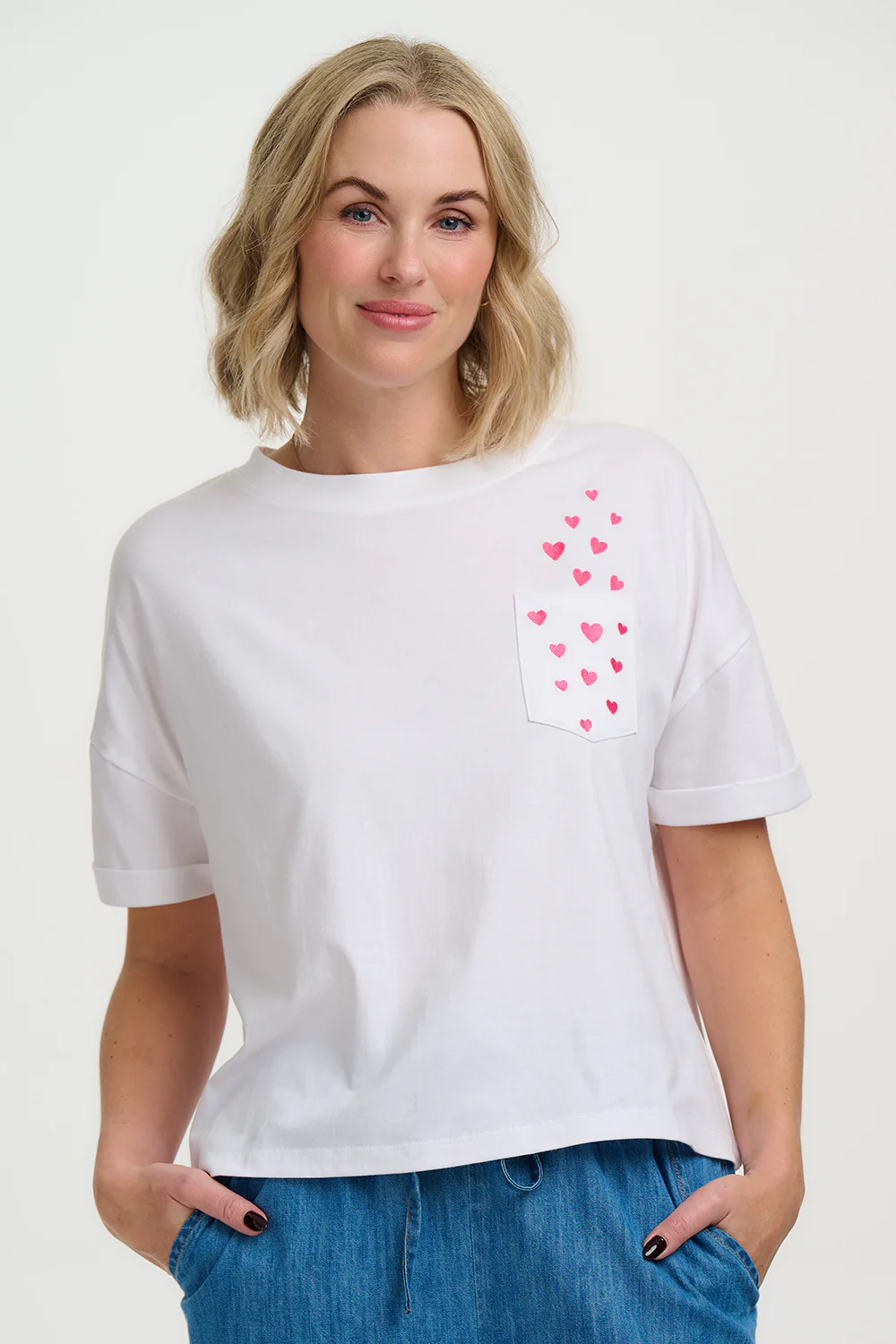 Celia Heavy-Weight T-Shirt - White, Pocket Hearts - Image 3