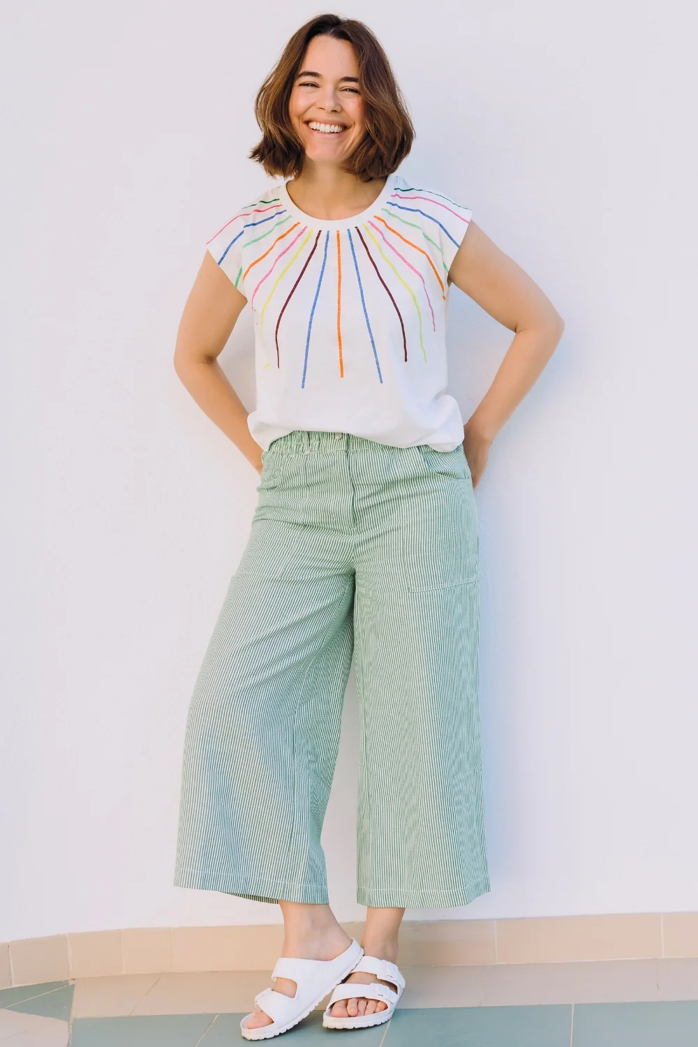 Charlene Cropped Trousers - Green/White, Narrow Stripe