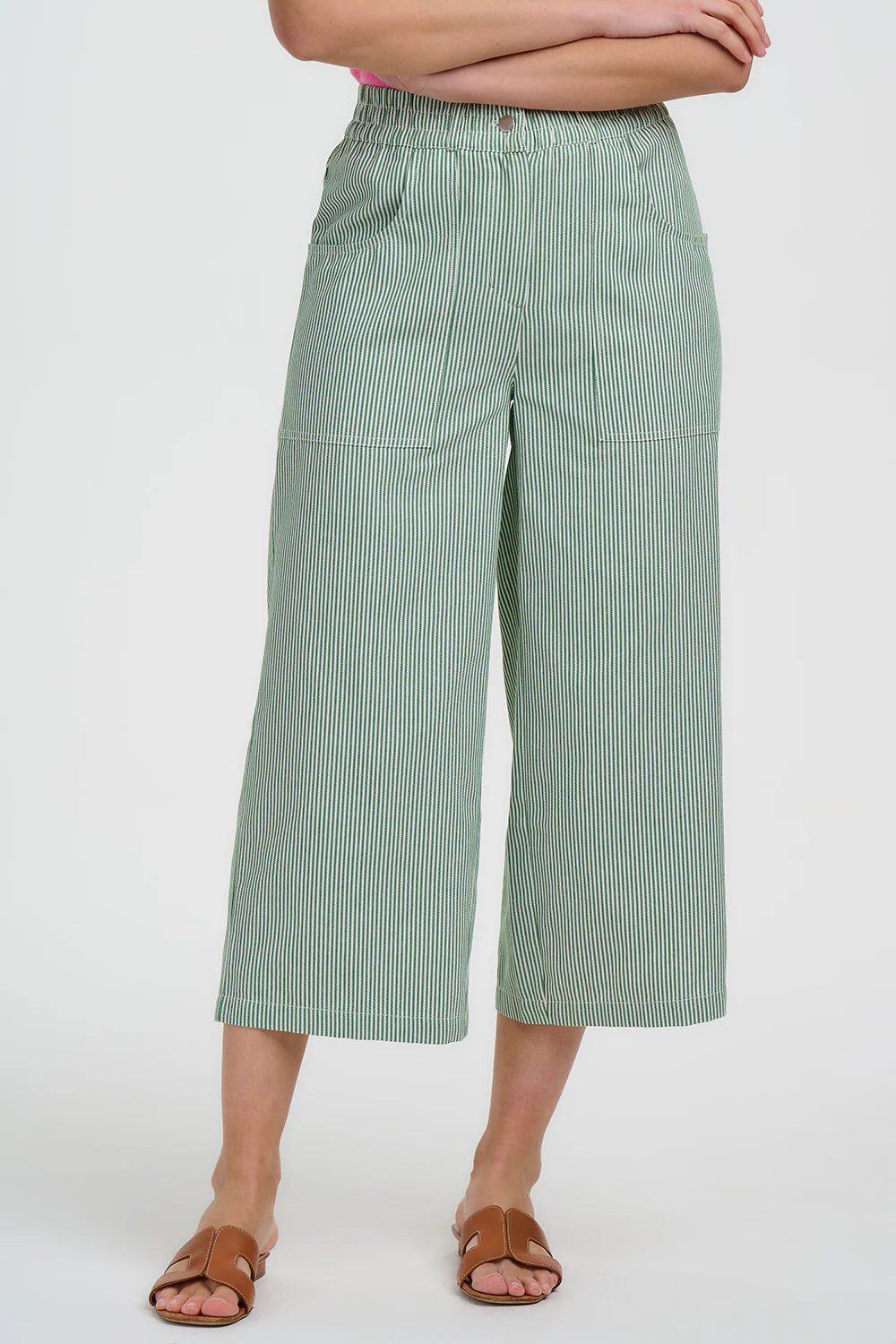 Charlene Cropped Trousers - Green/White, Narrow Stripe - Image 2