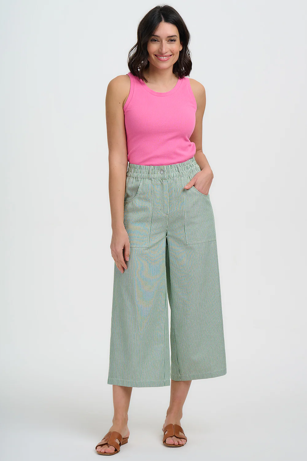Charlene Cropped Trousers - Green/White, Narrow Stripe - Image 4