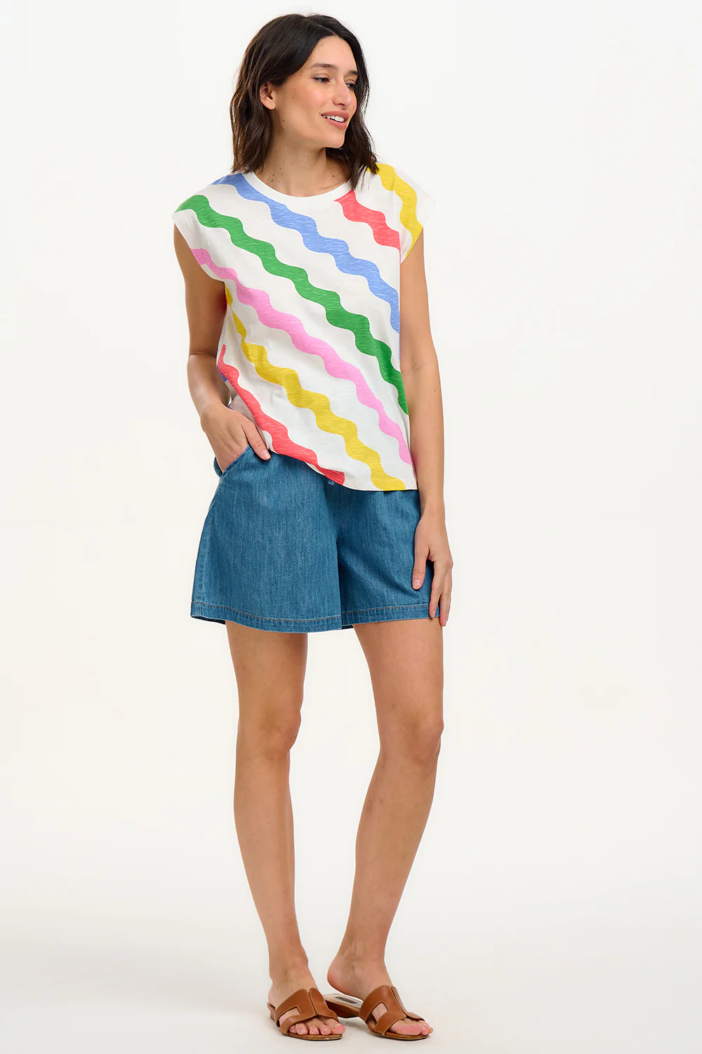 Chrissy Relaxed Tank T-Shirt - Off White/Multi, Primary Rainbow Waves - Image 5
