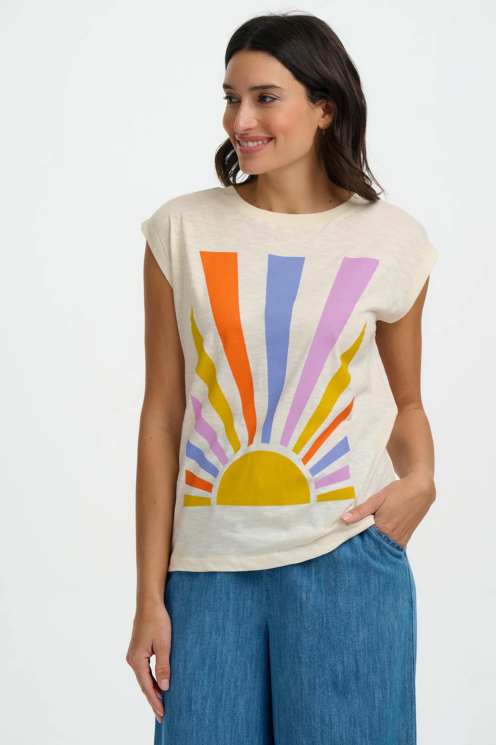 Chrissy Relaxed Tank T-Shirt - Off White, Rainbow Rays - Image 3