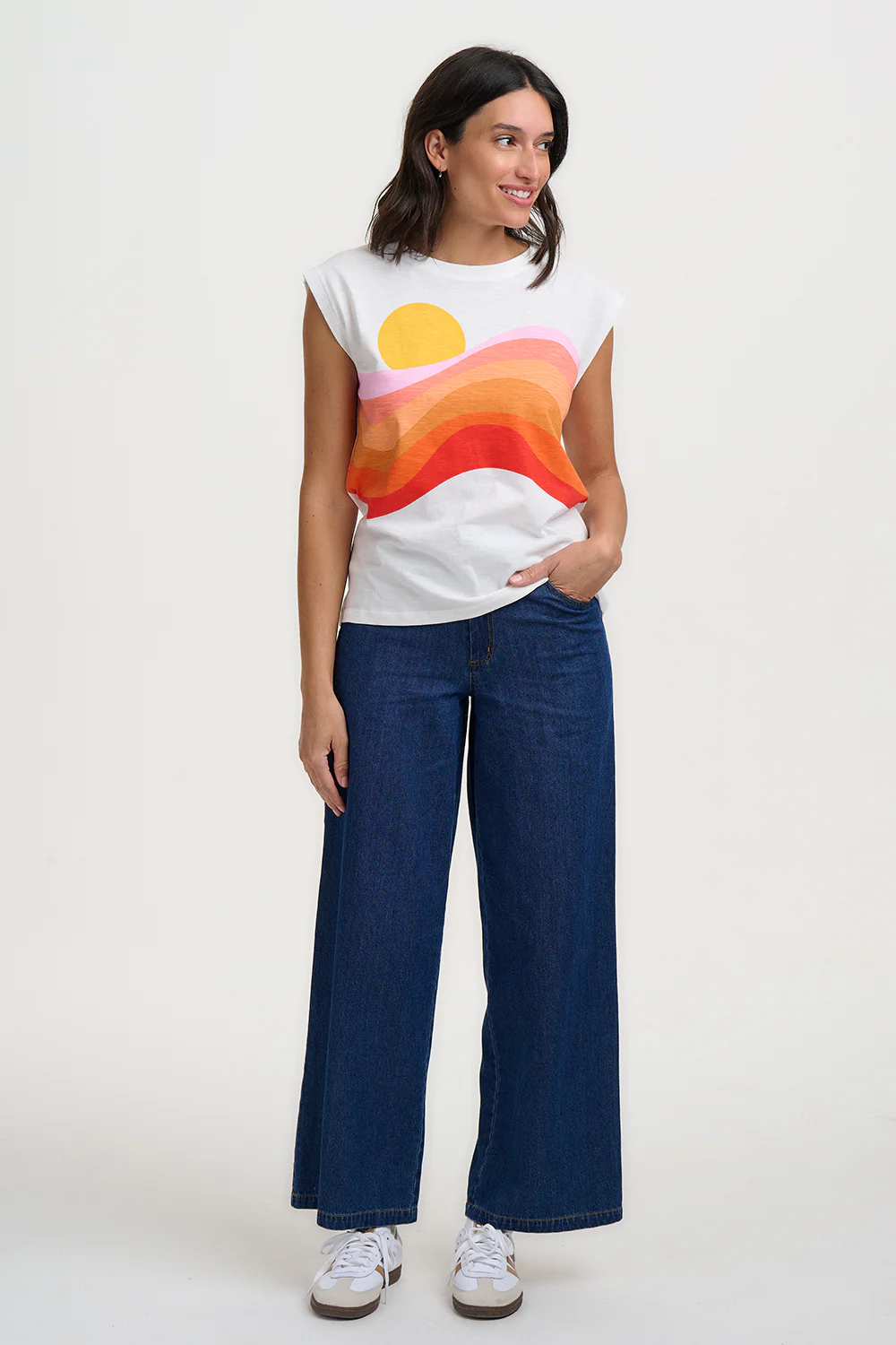 Chrissy Relaxed Tank T-Shirt - Off-White, Sunset Waves - Image 5