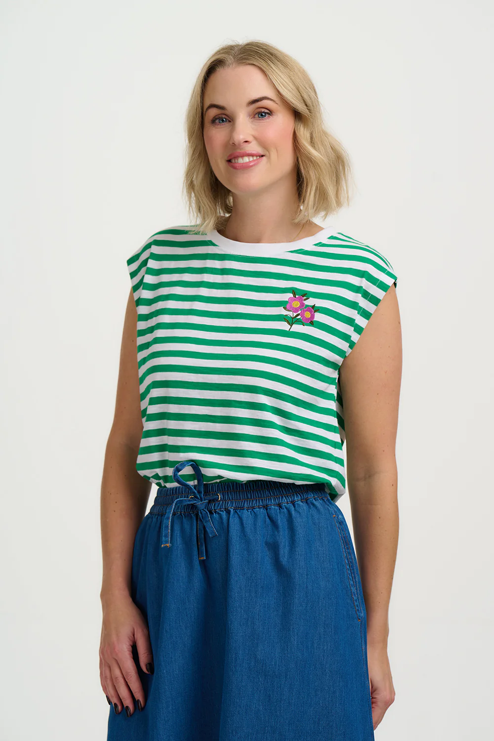 Chrissy Relaxed Tank T-Shirt - White/Green Stripe, Floral Sprig - Image 3