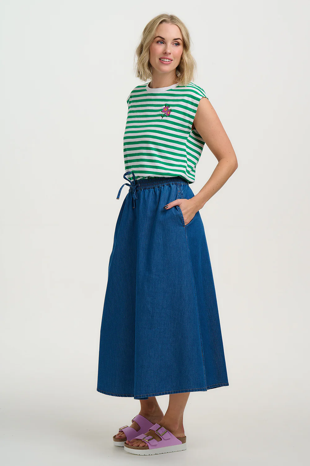 Chrissy Relaxed Tank T-Shirt - White/Green Stripe, Floral Sprig - Image 4