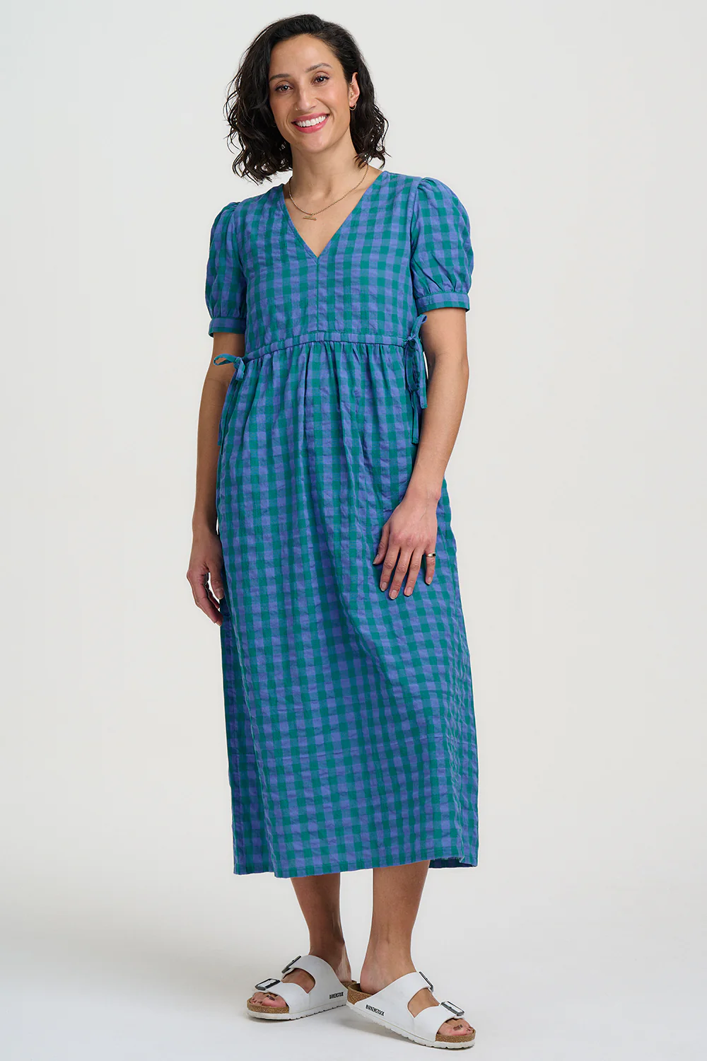 Corin Midi Smock Dress - Blue & Green, Peacock Check - Image 3