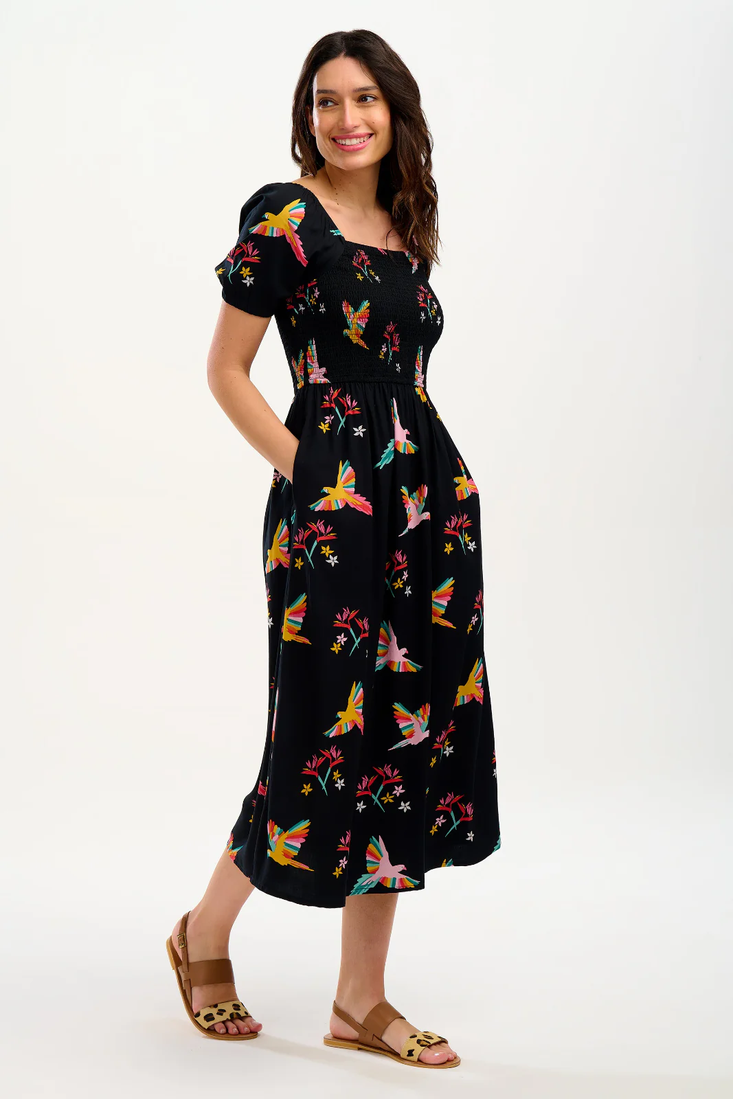 Jolene Midi Shirred Dress - Black, Tropical Parrots - Image 3