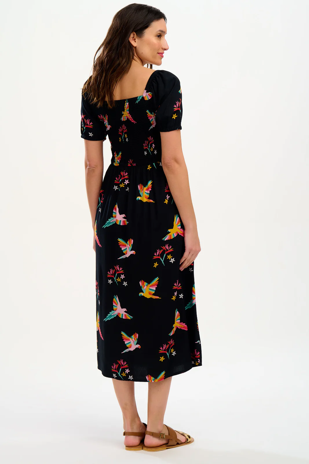 Jolene Midi Shirred Dress - Black, Tropical Parrots - Image 4