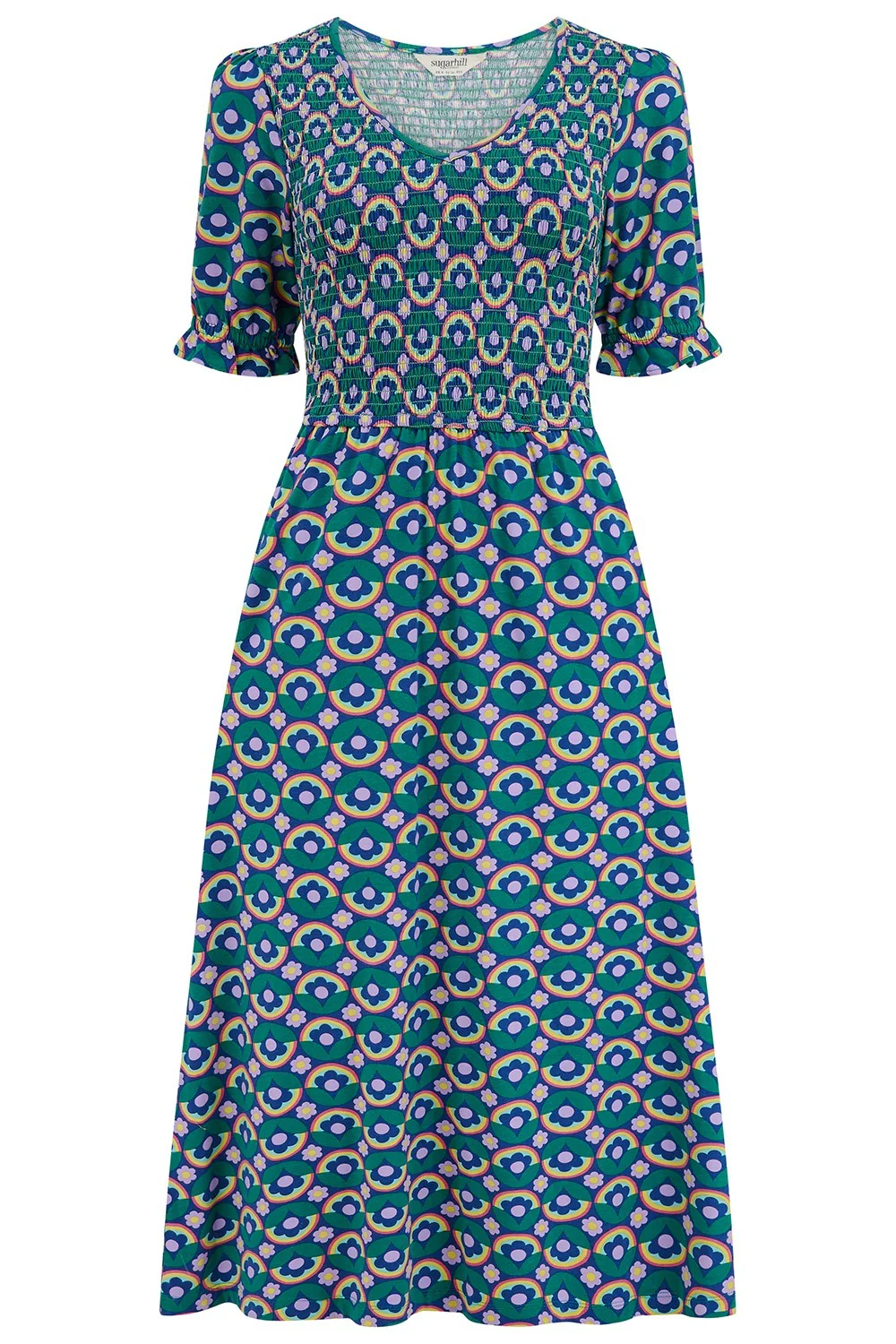Daphne Shirred Jersey Midi Dress - Navy, Kaleidoscope Daisy - Image 6
