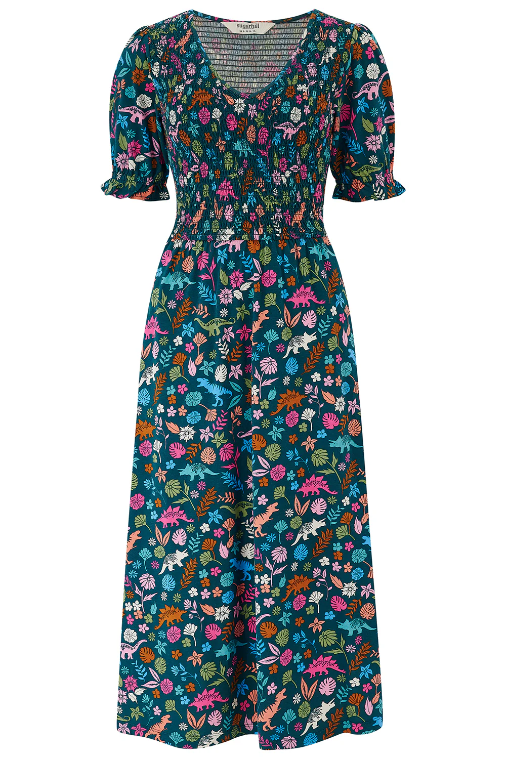 Daphne Shirred Jersey Midi Dress - Teal/Multi, Hidden Dinosaur - Image 5