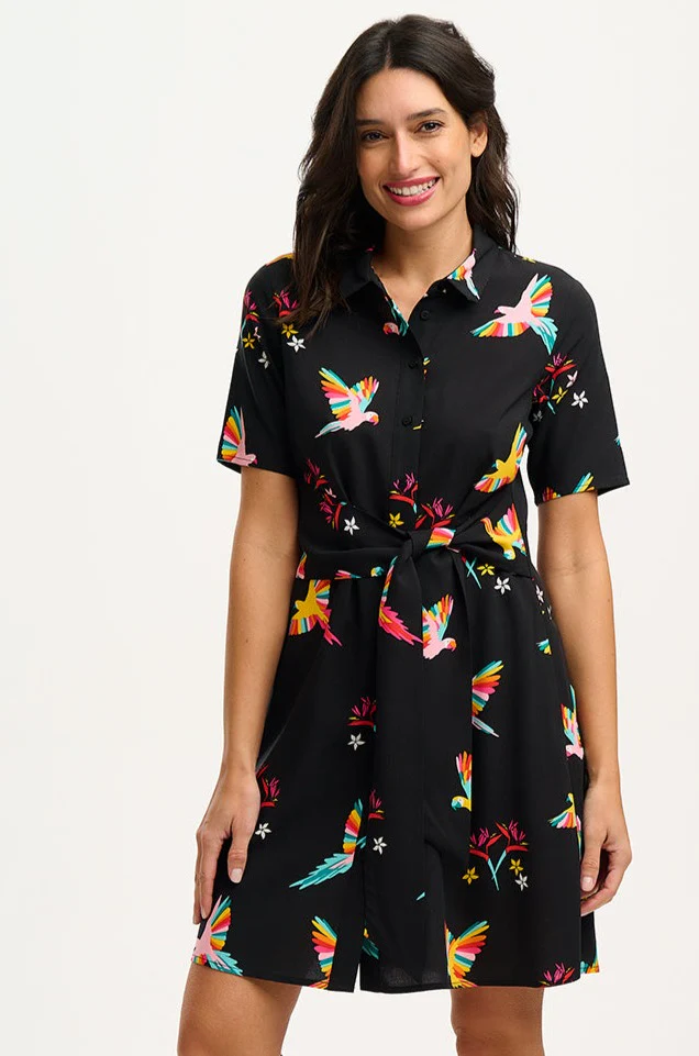 Dessie Mini Shirt Dress - Black, Tropical Parrots - Image 3