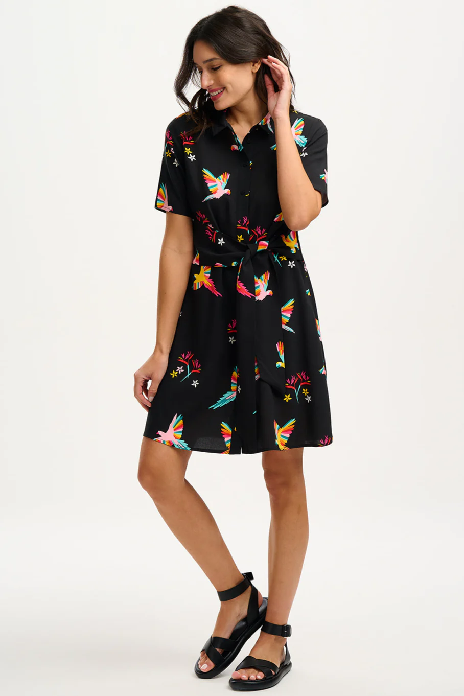 Dessie Mini Shirt Dress - Black, Tropical Parrots - Image 4