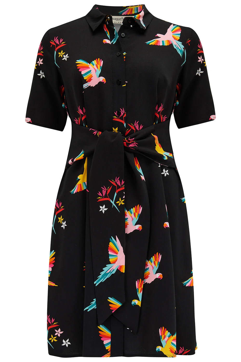 Dessie Mini Shirt Dress - Black, Tropical Parrots - Image 6