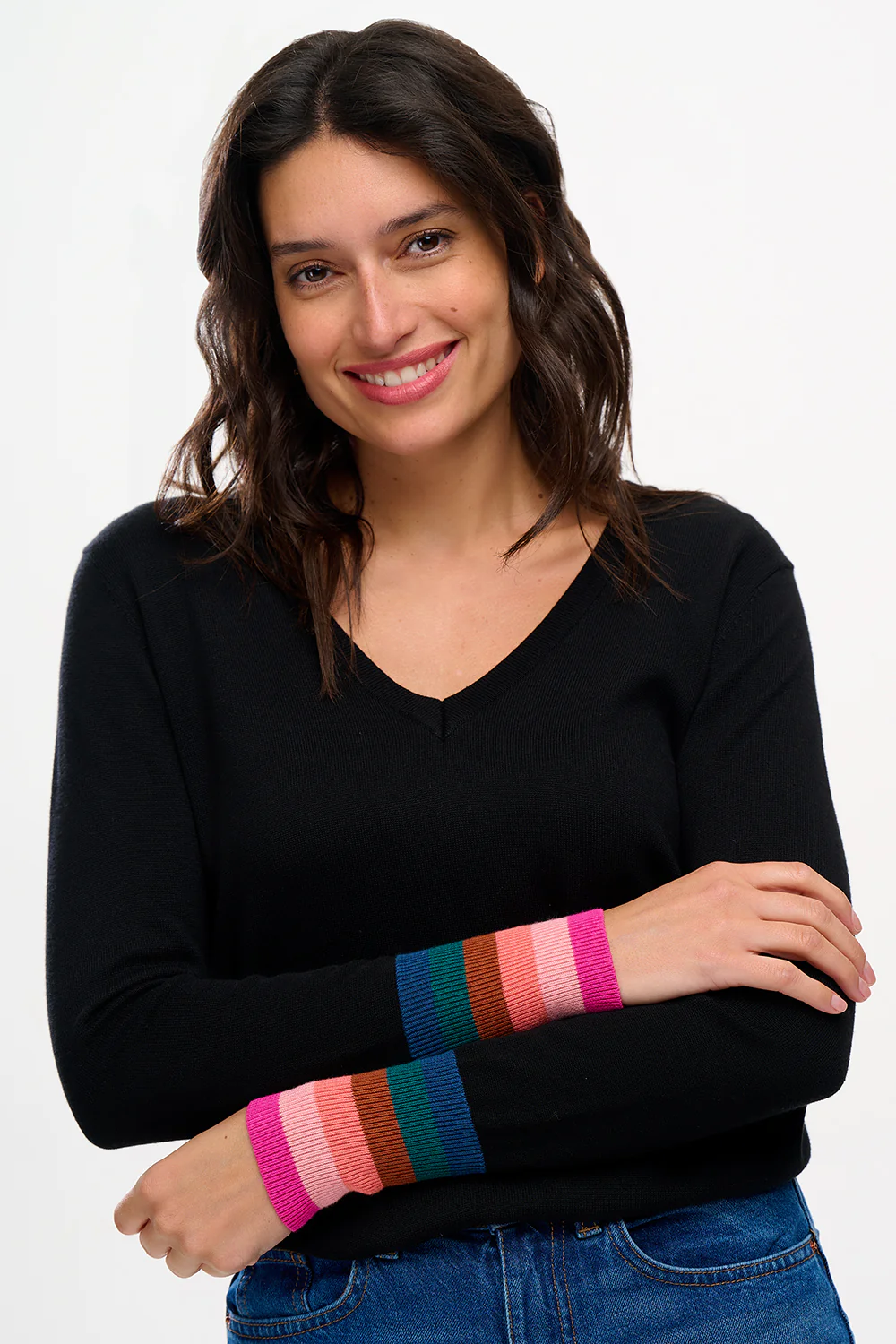 Doris V-neck Jumper - Black, Stripe Cuffs - Image 2