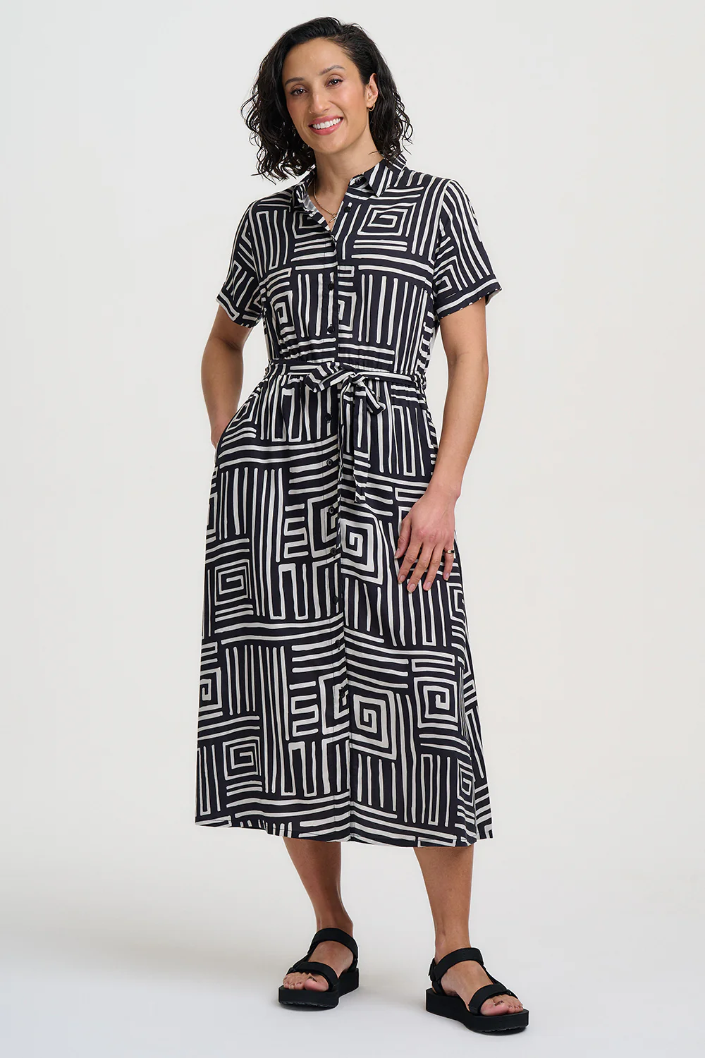 Eden Midi Shirt Dress - Black & White, Monochrome Maze