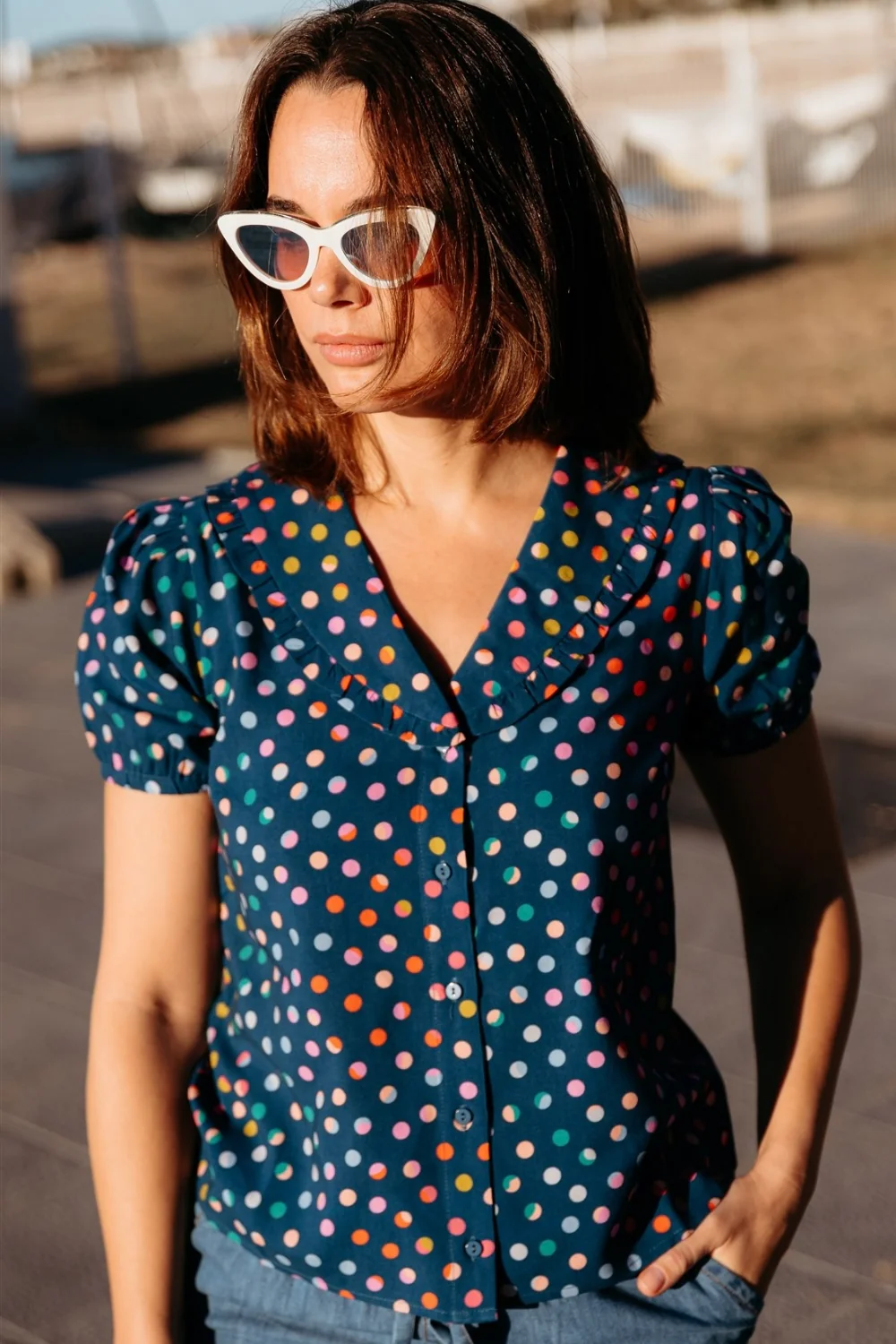 Elaine Frill Blouse - Petrol Navy, Rainbow Marbles