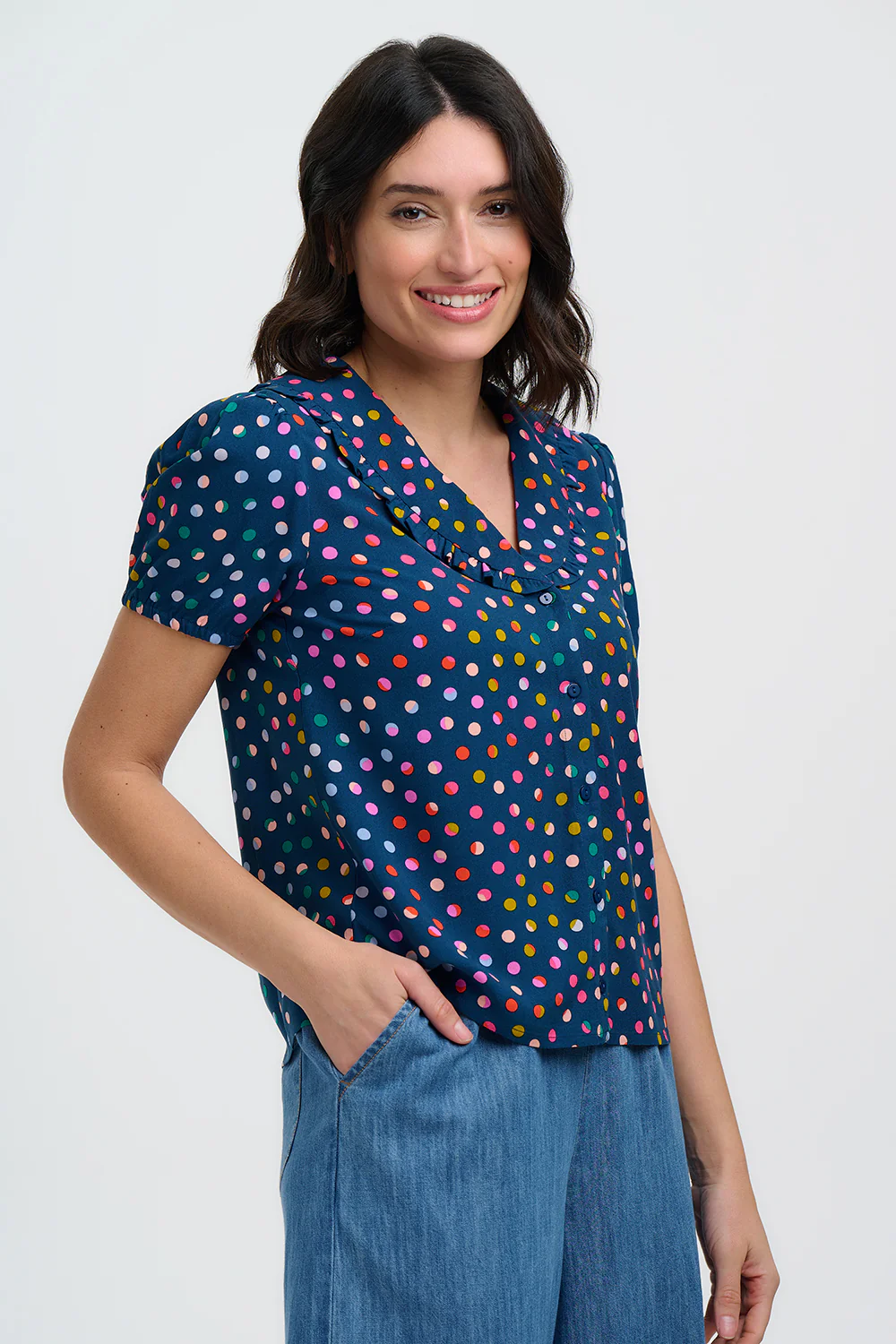 Elaine Frill Blouse - Petrol Navy, Rainbow Marbles - Image 2