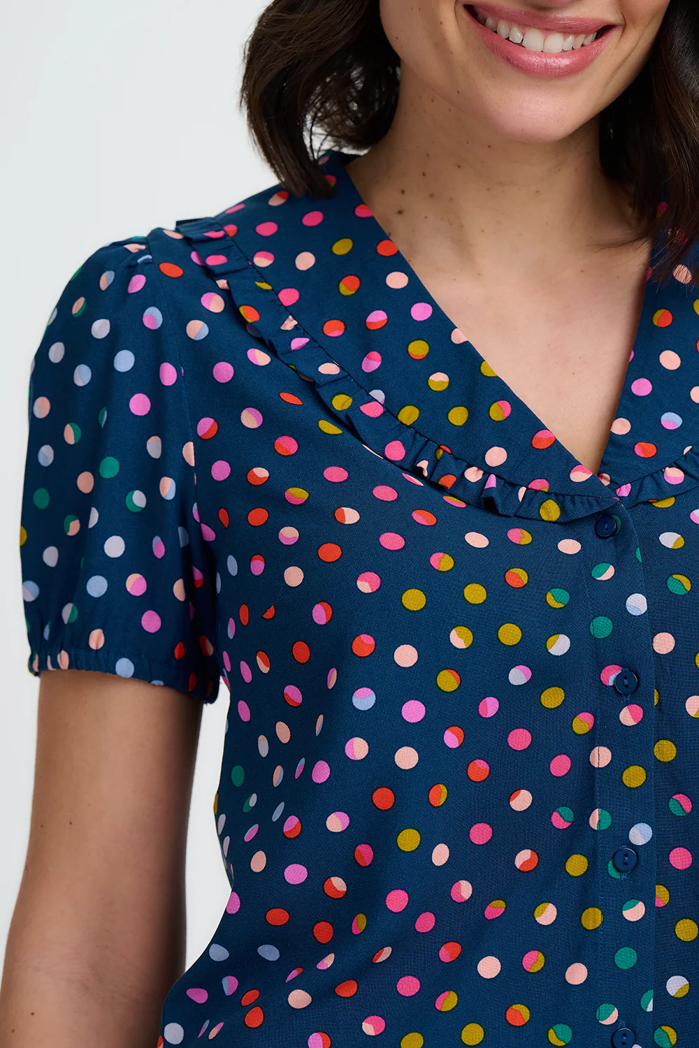 Elaine Frill Blouse - Petrol Navy, Rainbow Marbles - Image 3