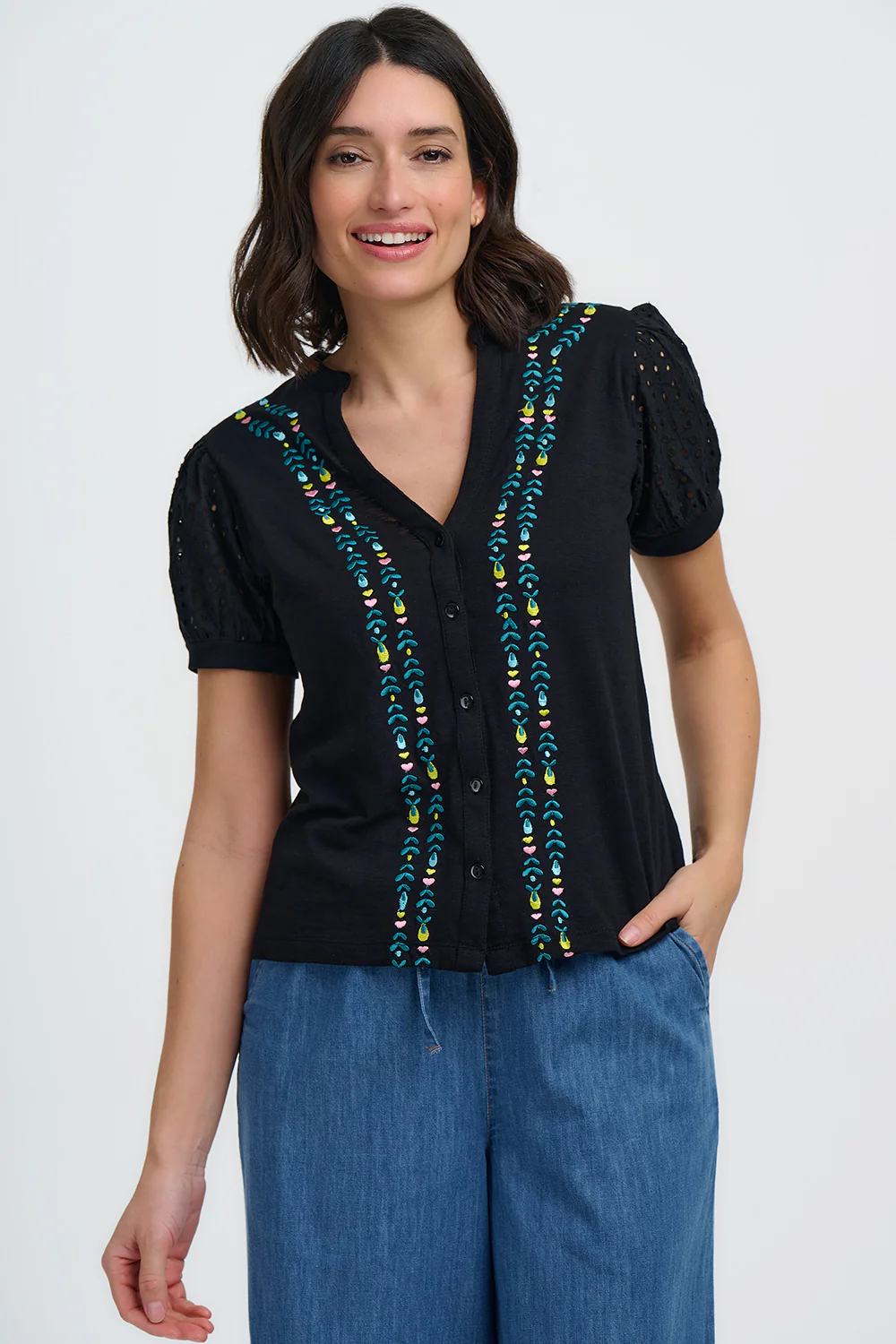 Elsie Jersey Top - Black, Folklore Embroidery