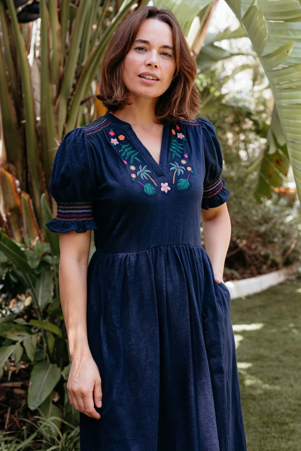 Esme Jersey Midi Dress - Navy, Tropic Palm Embroidery