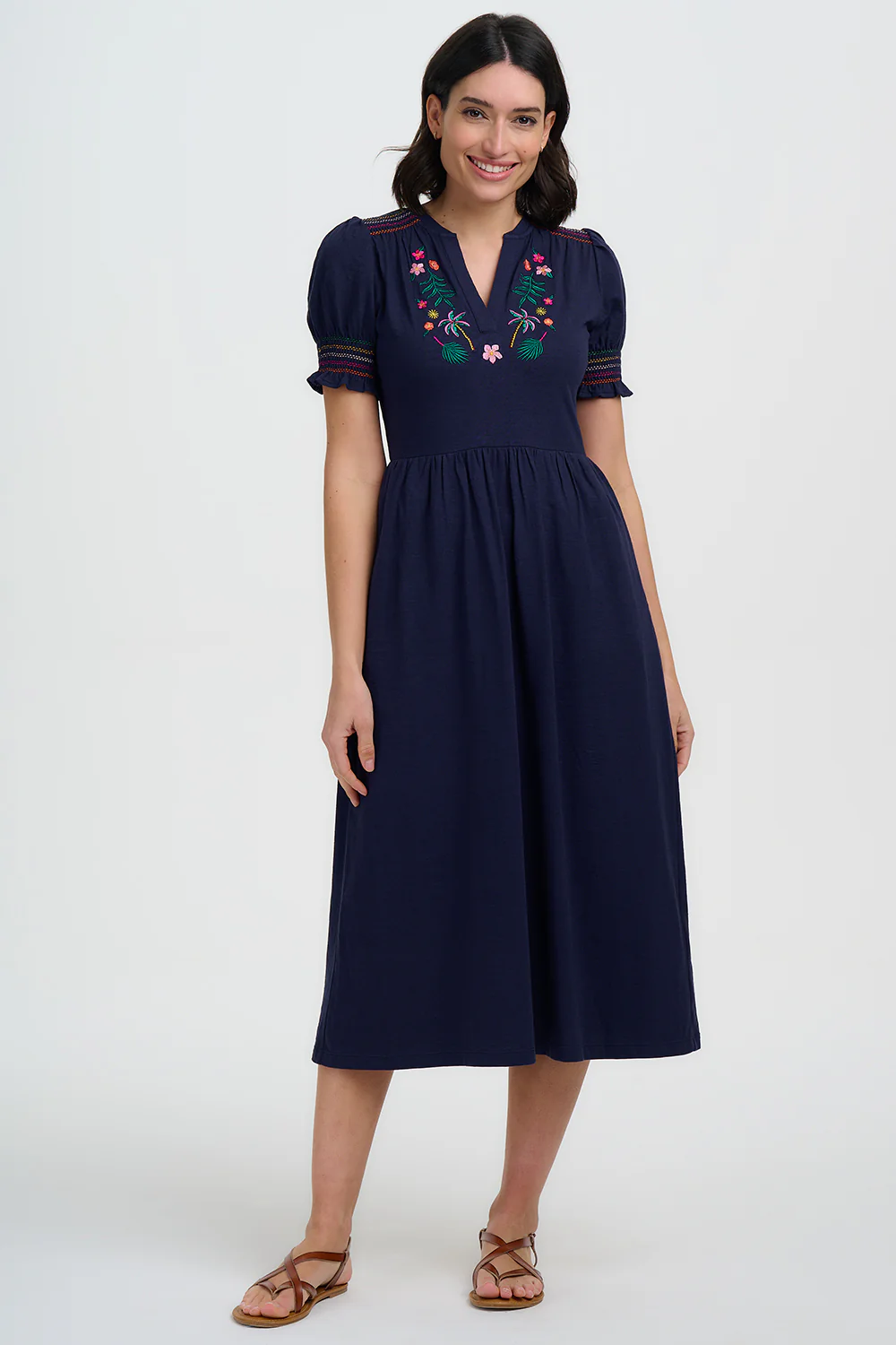 Esme Jersey Midi Dress - Navy, Tropic Palm Embroidery - Image 2