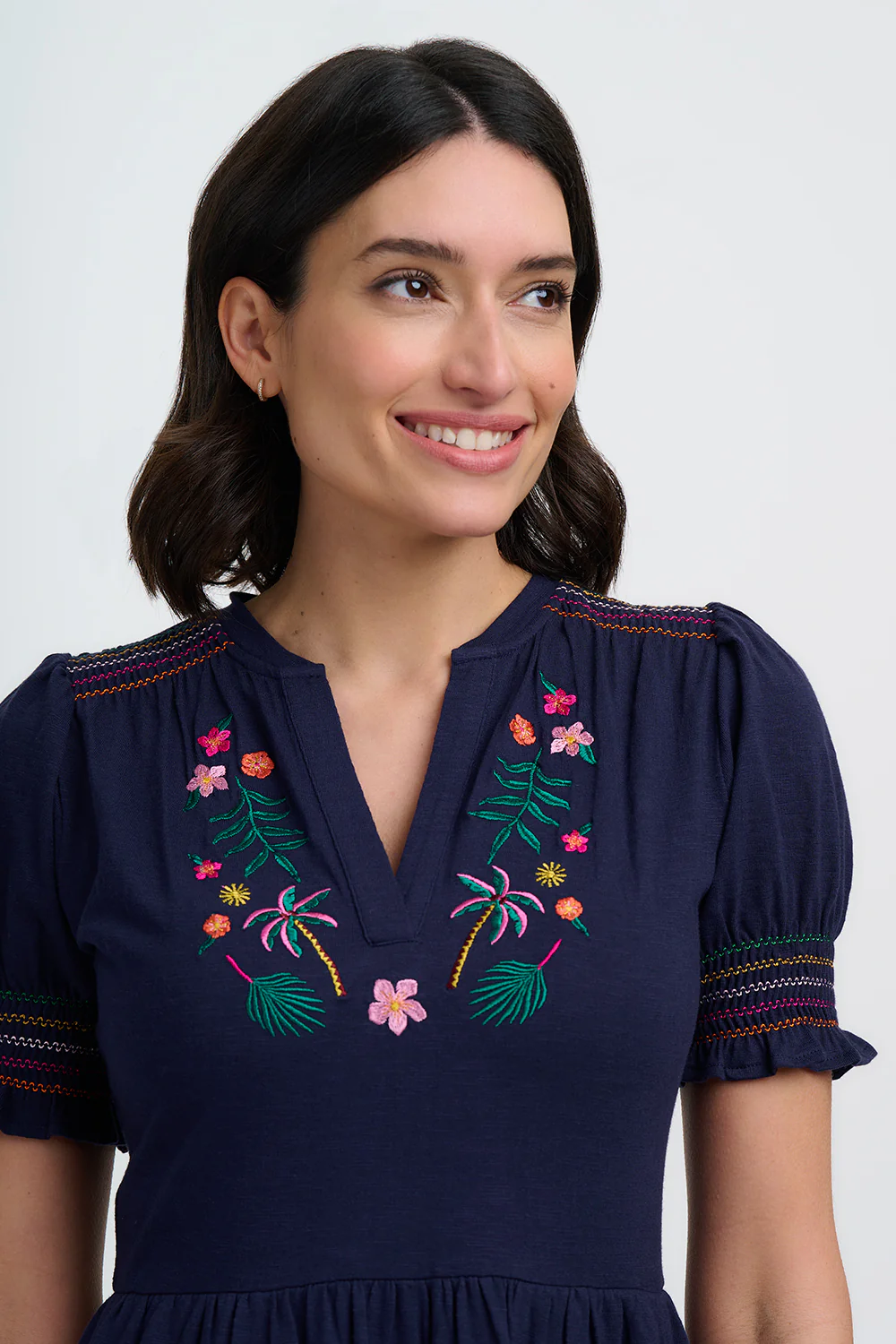 Esme Jersey Midi Dress - Navy, Tropic Palm Embroidery - Image 3