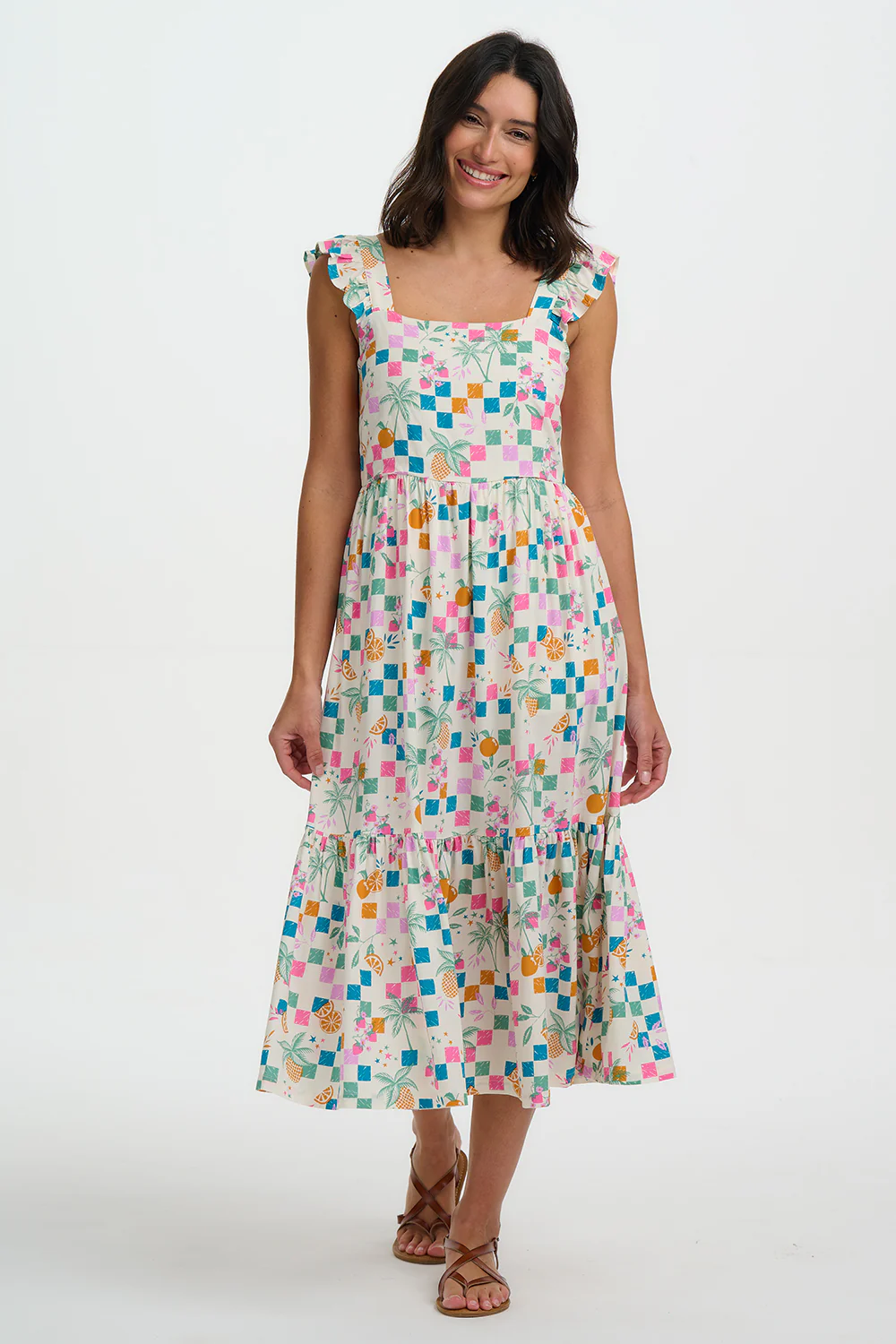 Estelle Shirred Sundress - Off White, Fruit Checkerboard - Image 3
