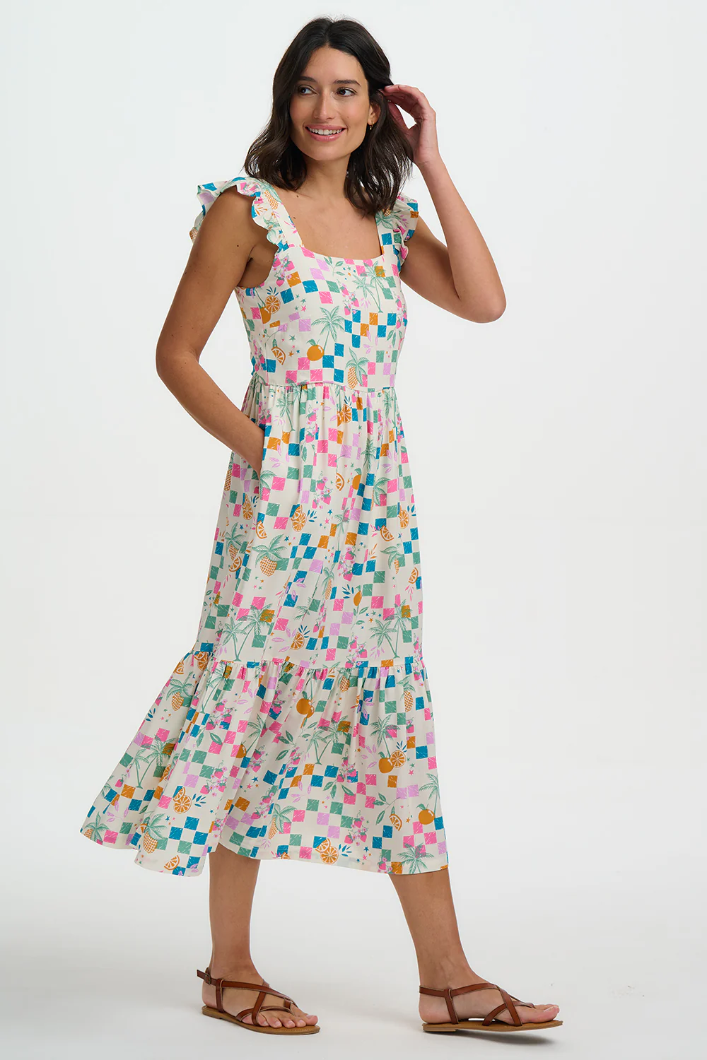 Estelle Shirred Sundress - Off White, Fruit Checkerboard - Image 4