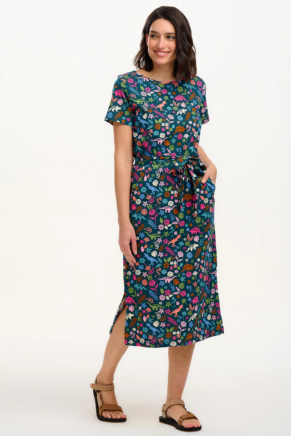 Flissy Jersey Midi Dress - Teal/Multi, Hidden Dinosaur - Image 3