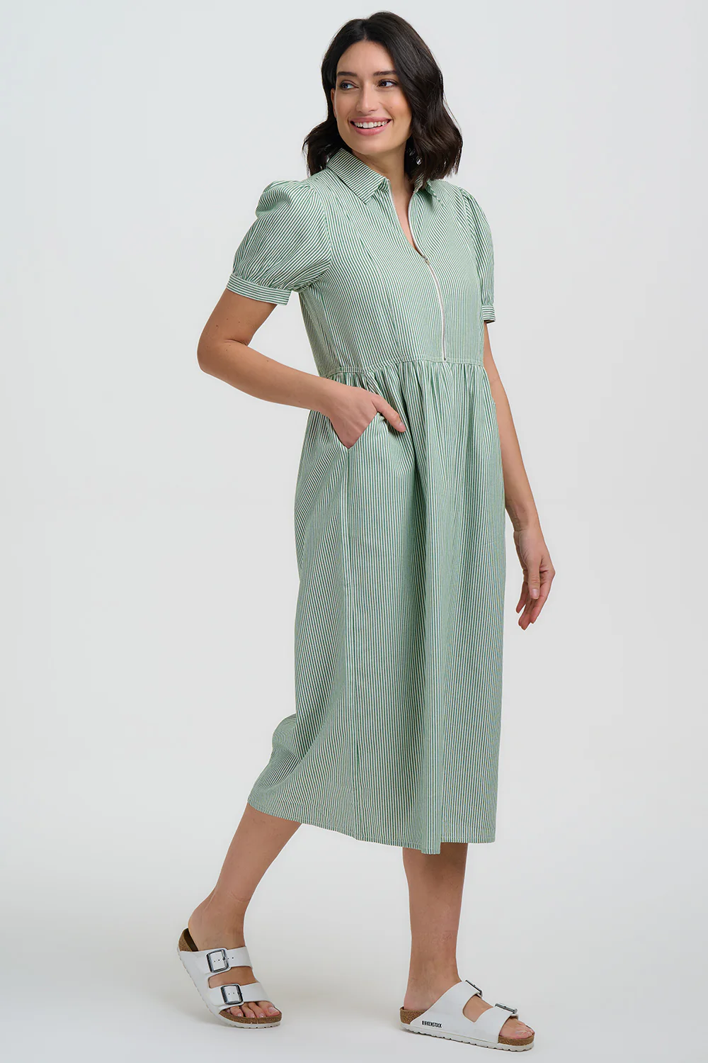 Gillian Midi Smock Dress - Green/White, Narrow Stripe - Image 3