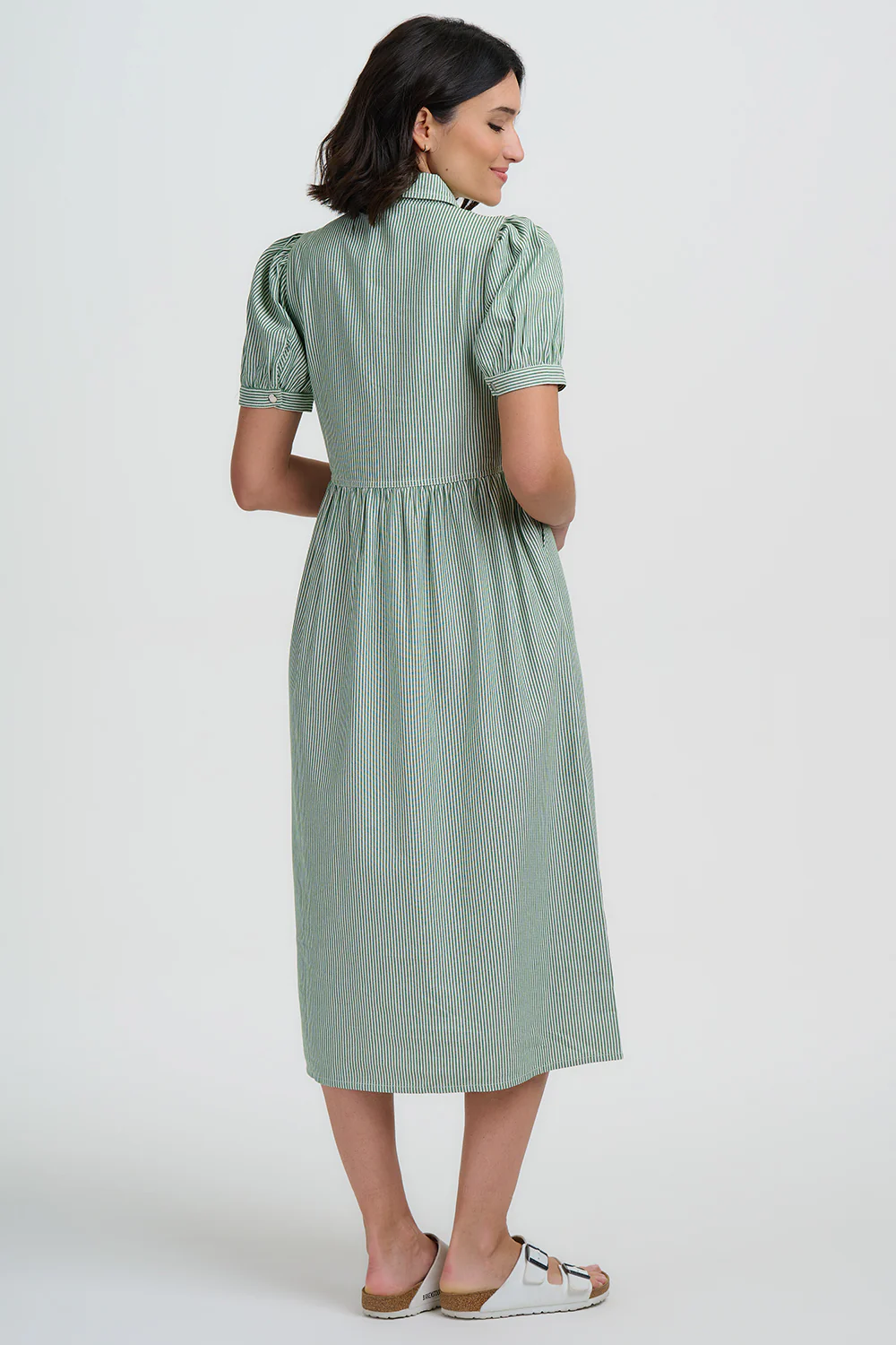 Gillian Midi Smock Dress - Green/White, Narrow Stripe - Image 4